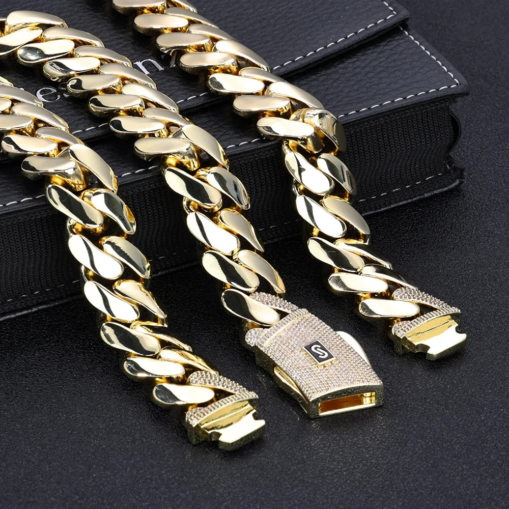 20mm Cuban Link Chain Necklace Bracelet Gold Plated Brass Iced Out CZ Hip Hop