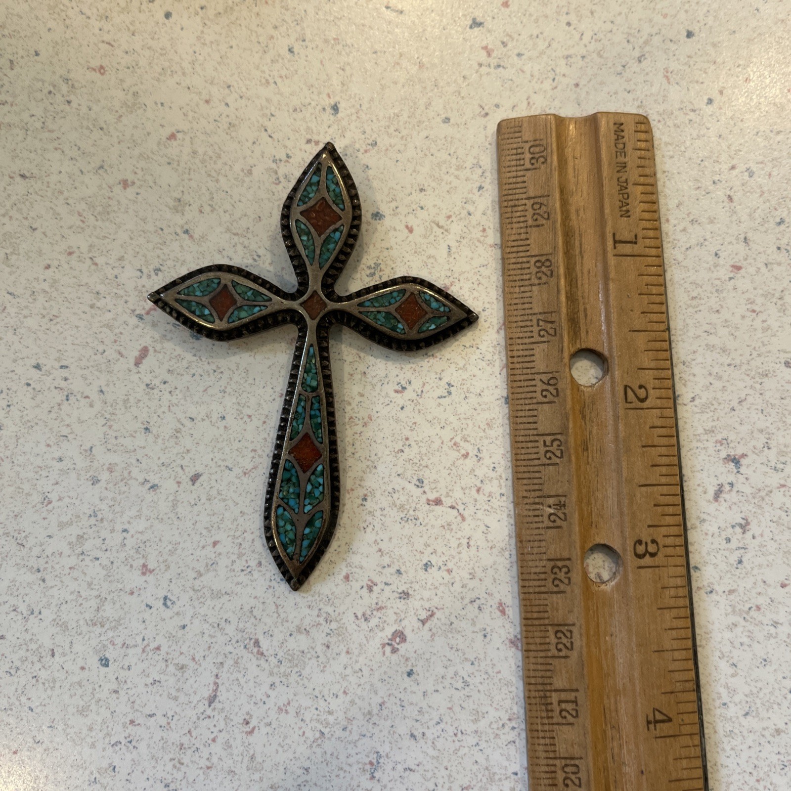 Collectible Vintage Zuni Turquoise & Coral 925 Cross Pend.