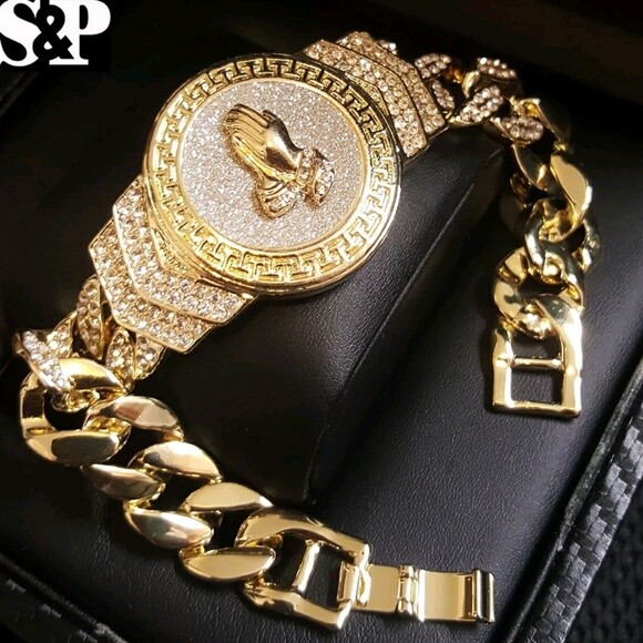 Hip Hop 14K Gold Plated 8.5″ CZ Full Iced Praying Hands Cuban Fashion Bracelet