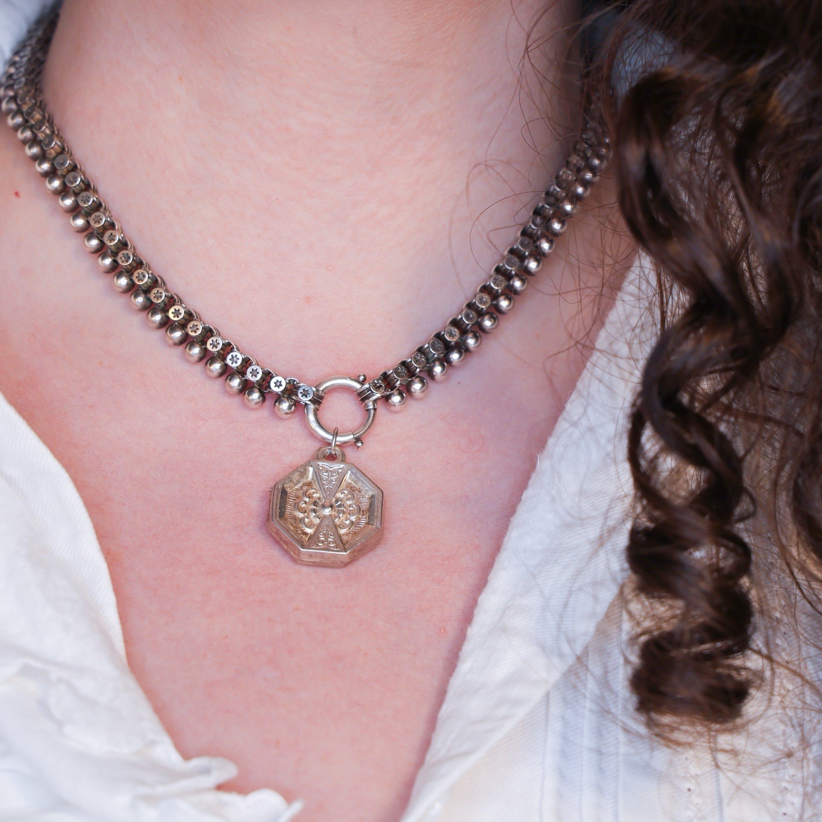 Antique French Puffy Octagon Charm Sterling Silver Die Struck 19th Century