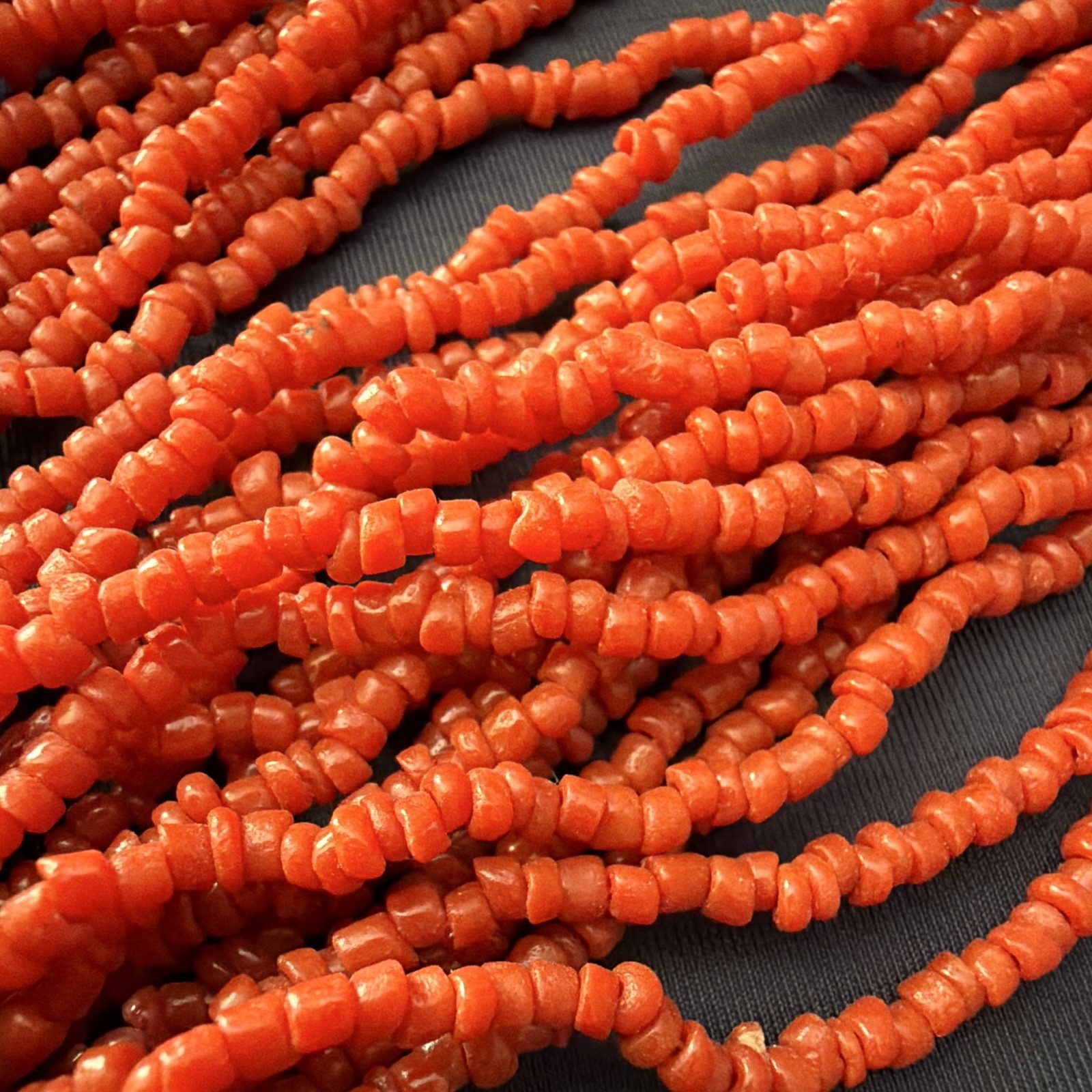 Orange/Red Multi-Strand Beaded Necklace, Brass Metal Beads, Hook Clasp – Vintage