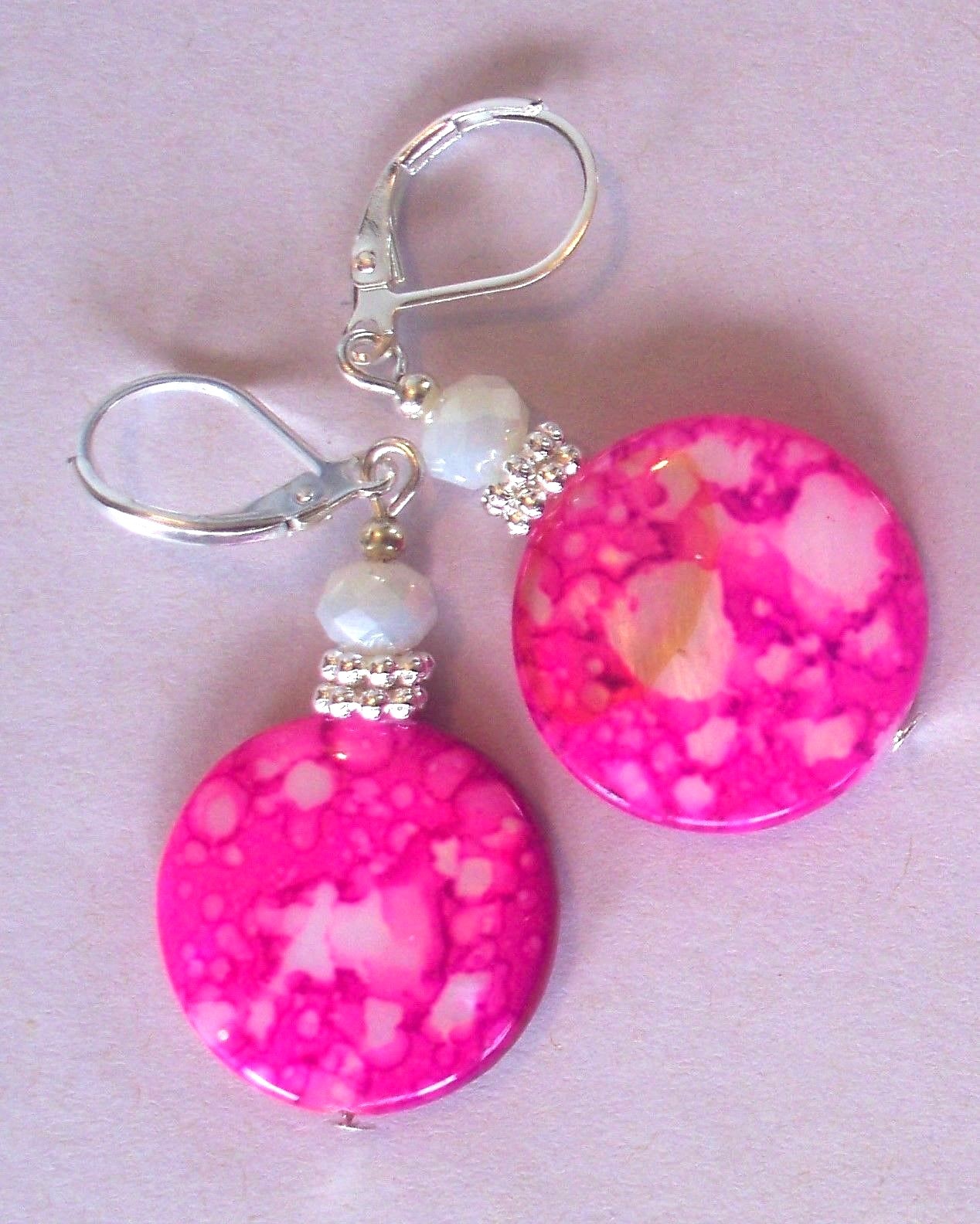 Pink Splash SHELL White Crystal earring LEVERBACK artisan XX