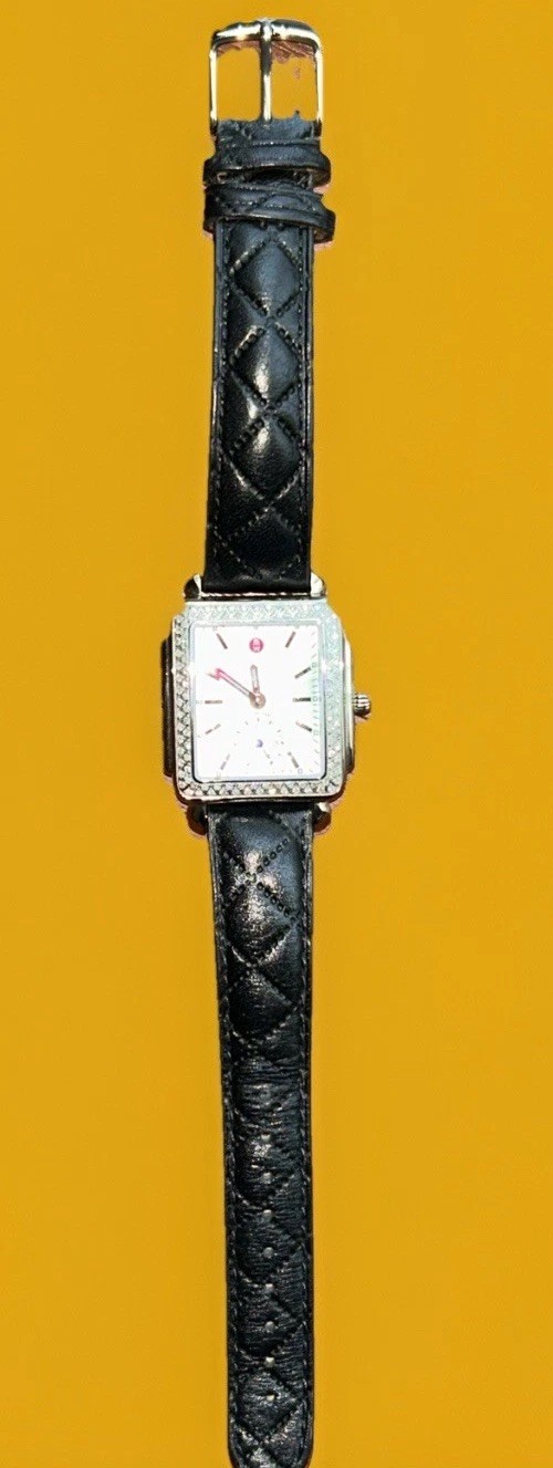 Michele Deco Diamond Watch .49ct 108 Diamonds Black Leather Sapphire