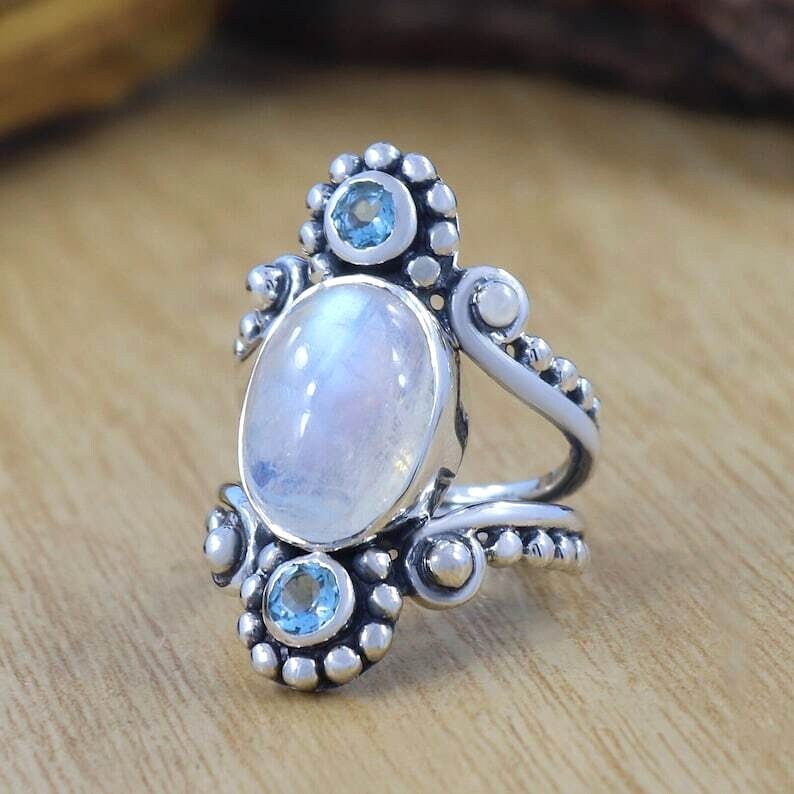 Moonstone & Aquamarine Ring 925 Sterling Silver Ring Gemstone Ring Women’s Ring