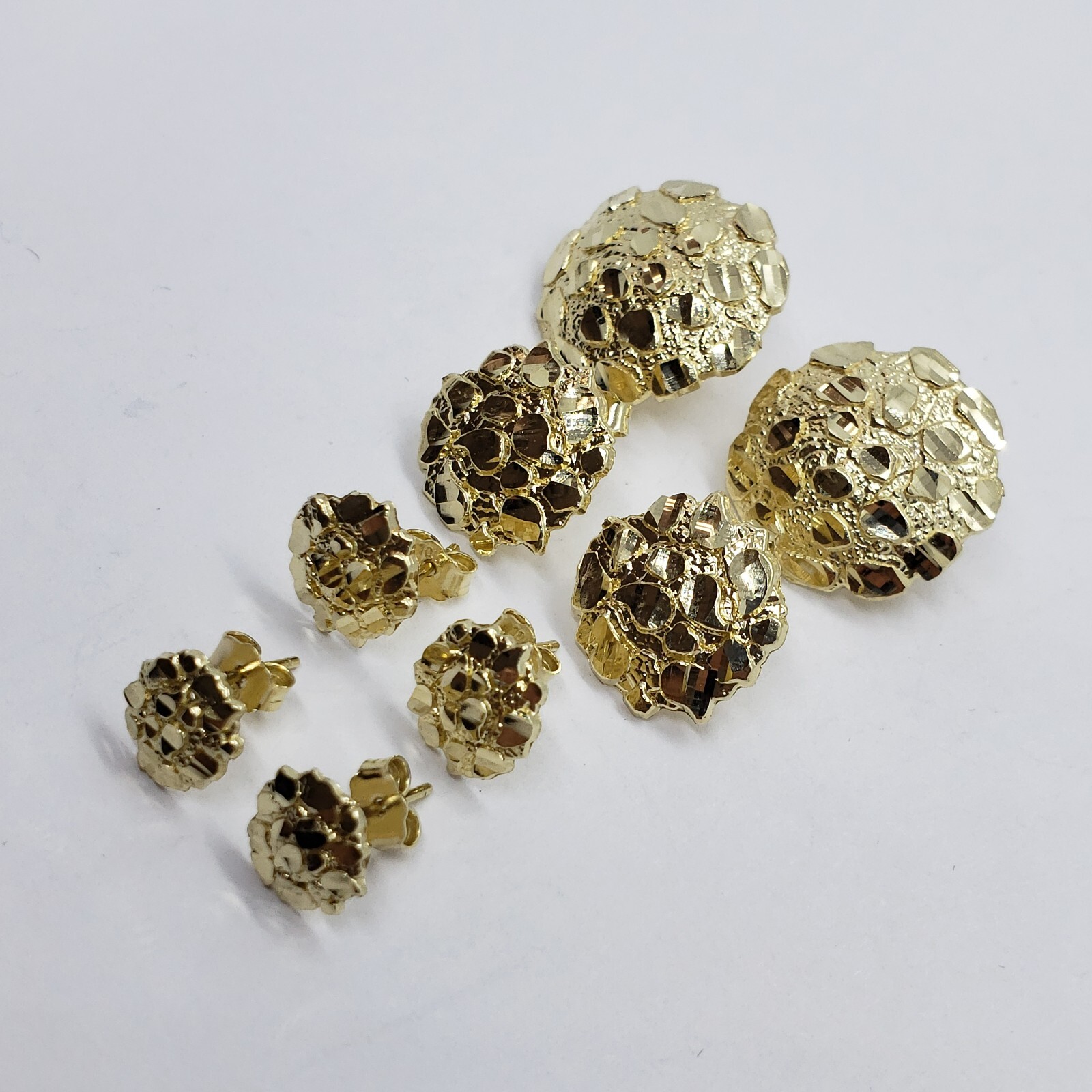 10K Gold Authentic Nugget Round Diamond Cut Stud Earrings for Men Women 4 Sizes