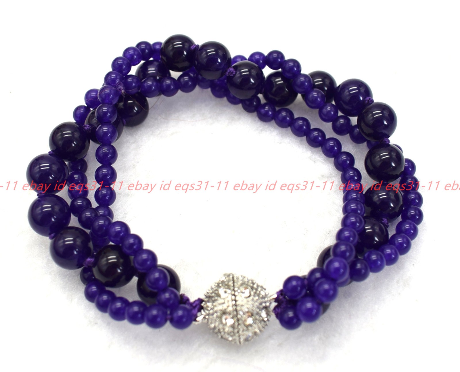 Pretty Natural 3 Rows 4+8mm Purple Jade Gemstone Round Beads Bracelet 7-9in