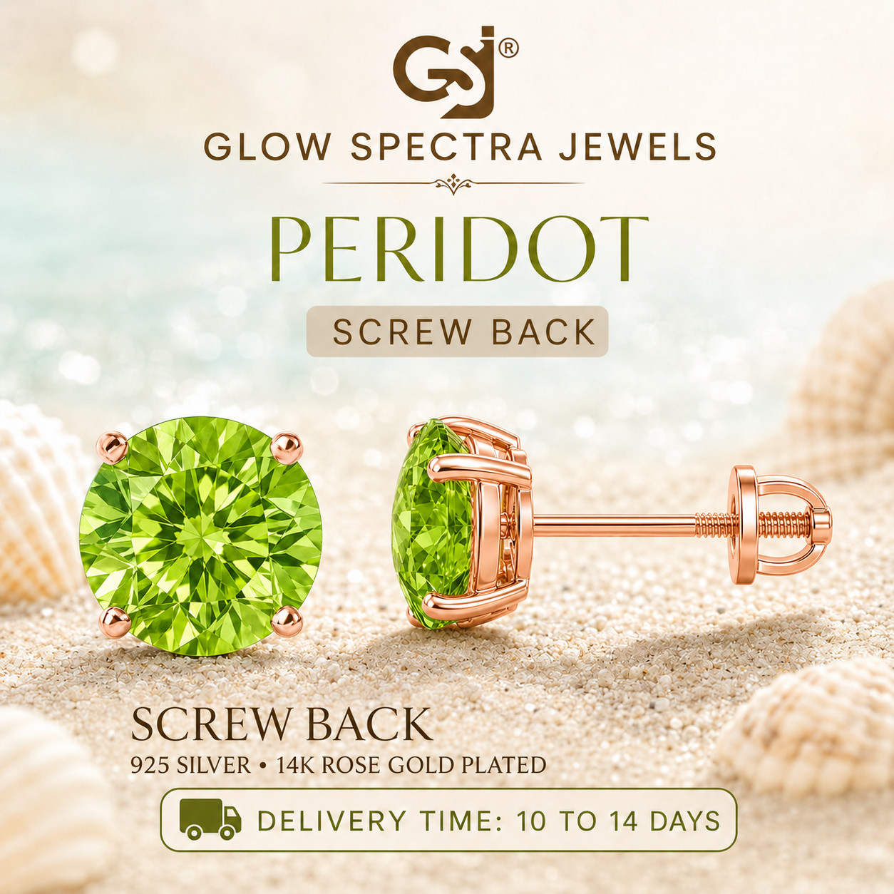 2.00CT Solitaire Green Peridot Stud Erring Screw Back 14k Rose Gold Plated