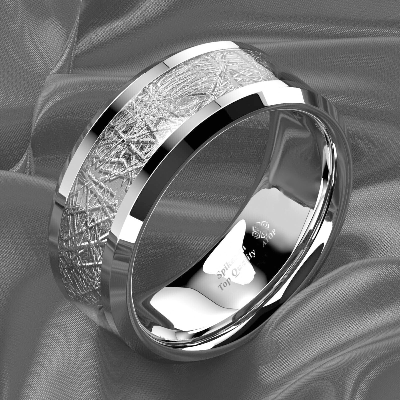 8mm Silver Tungsten Carbide Ring Sterling Silver Inlay Wedding Band ATOP jewelry