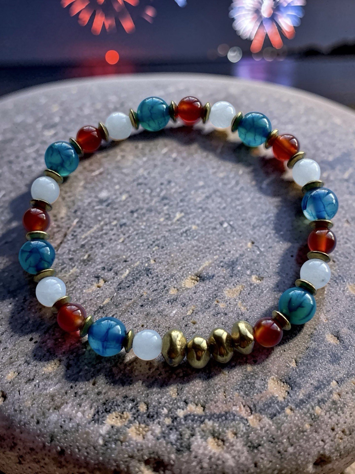 Independence Day Patriotic Stretch Gemstone Bracelet, With Solid Brass Nuggets