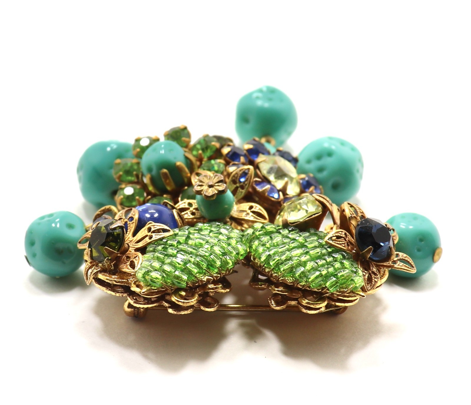 VINTAGE AMOURELLE FRANK HESS FLORAL BEADED DANGLING BROOCH