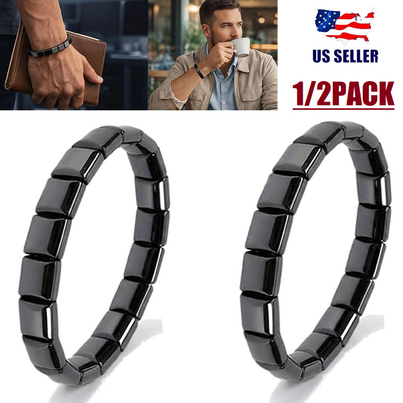 2Pcs Hematite Bracelet for Men Natural Black Energy Healing Reiki Bracelet Gift