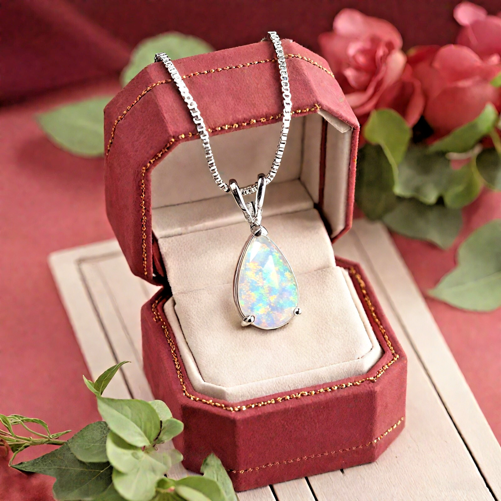 Opal Pendant Sterling Silver – Minimalist Teardrop Fire Opal Dainty Necklace