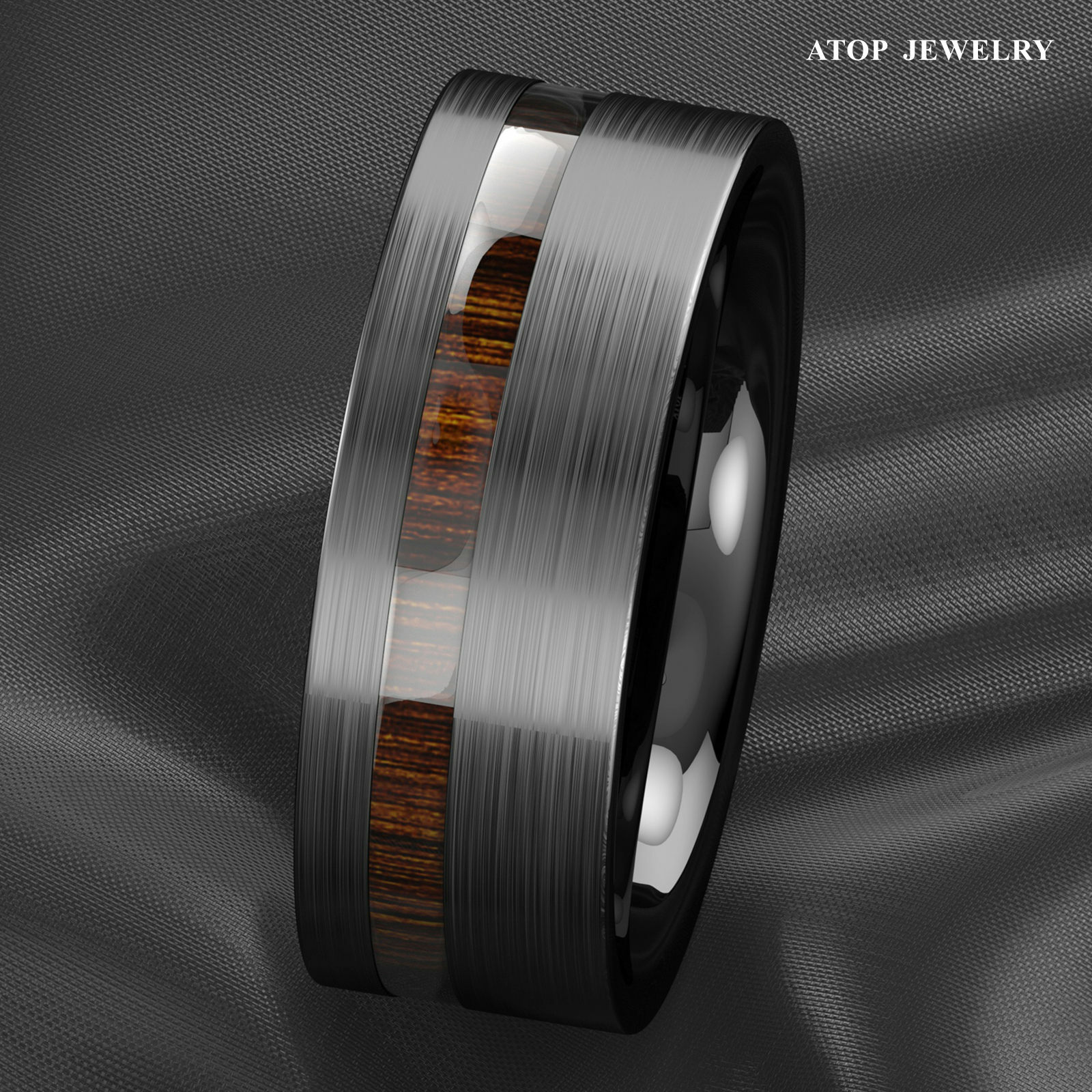 8mm Black Brushed Tungsten Carbide Ring Off Center Koa Wood ATOP Wedding Band