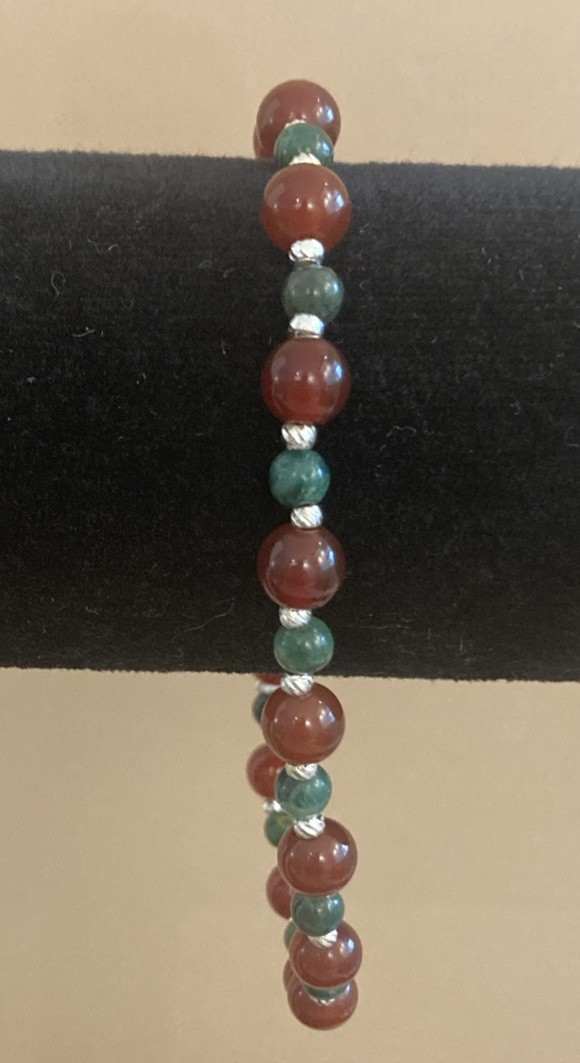 Vintage Carnelian & Jade Beaded Bracelet Sterling Silver 925 Clasp 7.5” BOHO NEW