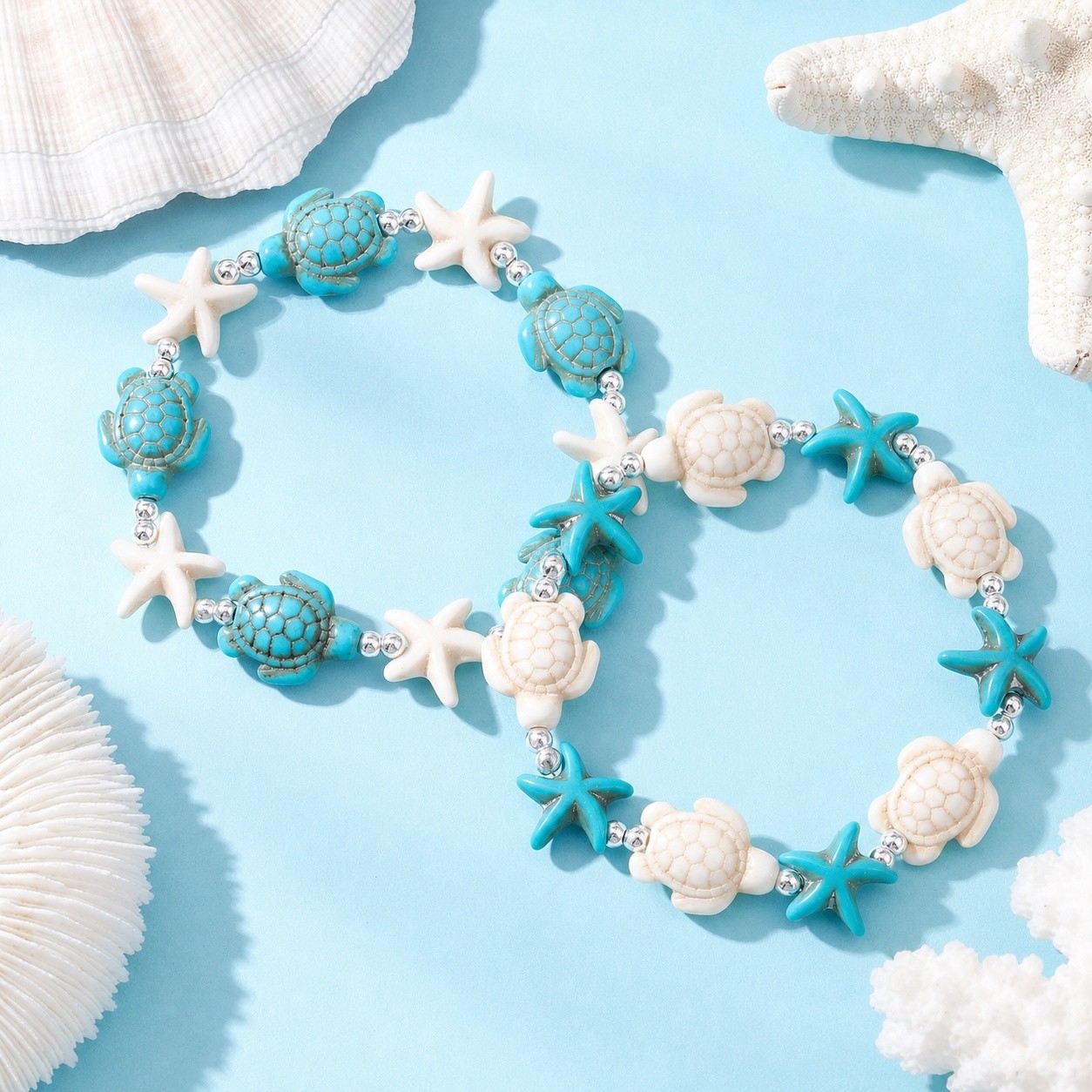 Stretch Bracelet Starfish Beaded Hematite Beige Turquoise Turtle Men Women T103