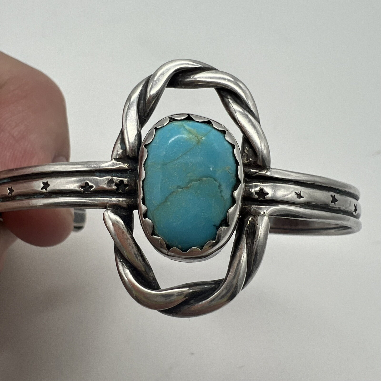 Indigenous American Sterling & Turquoise Cuff Vintage 70’s Signed 20.11 Grams