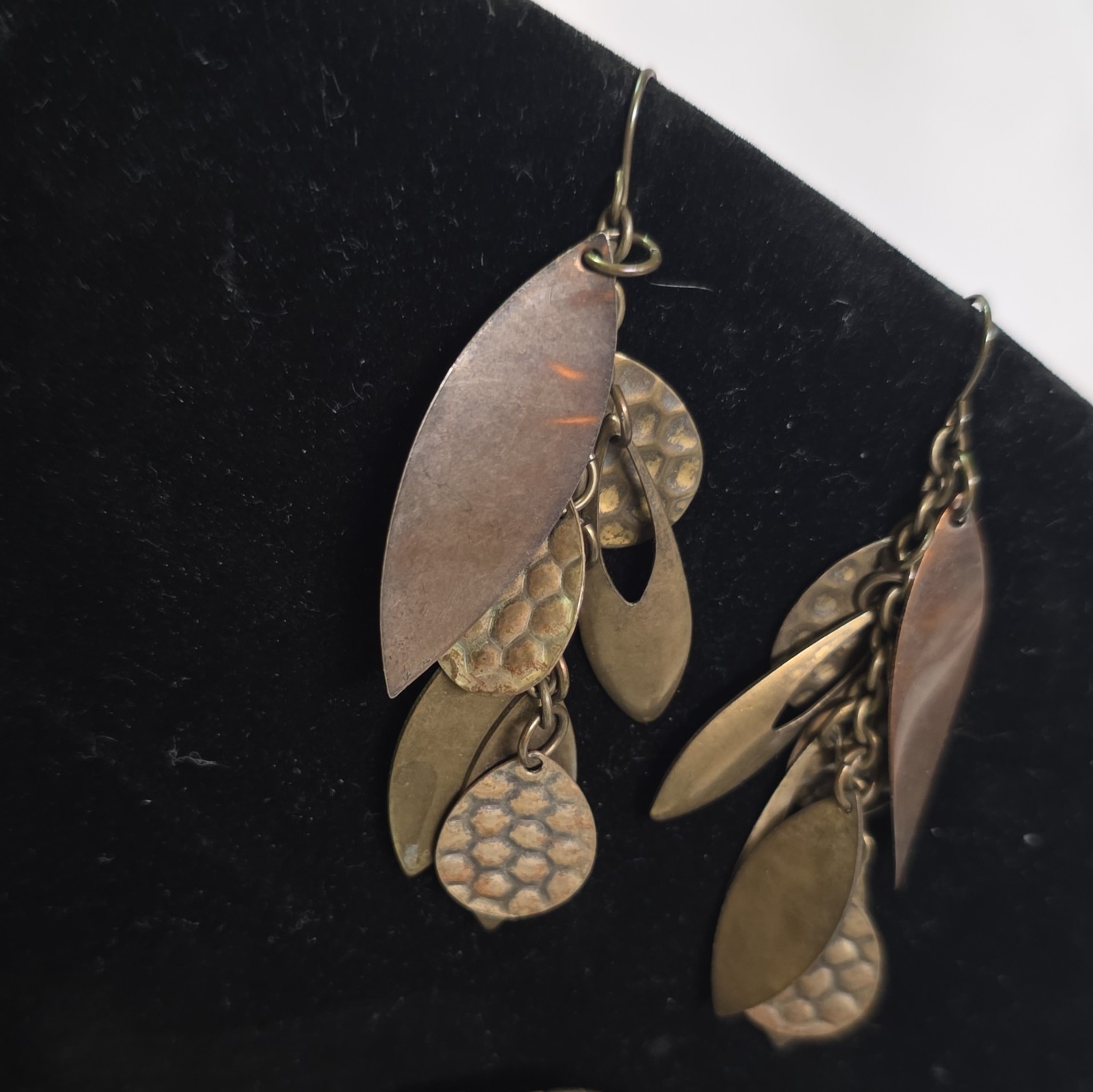 Bronze Tone Leaf Dangle/Drop Hook Earrings, No Stone Metal Pair