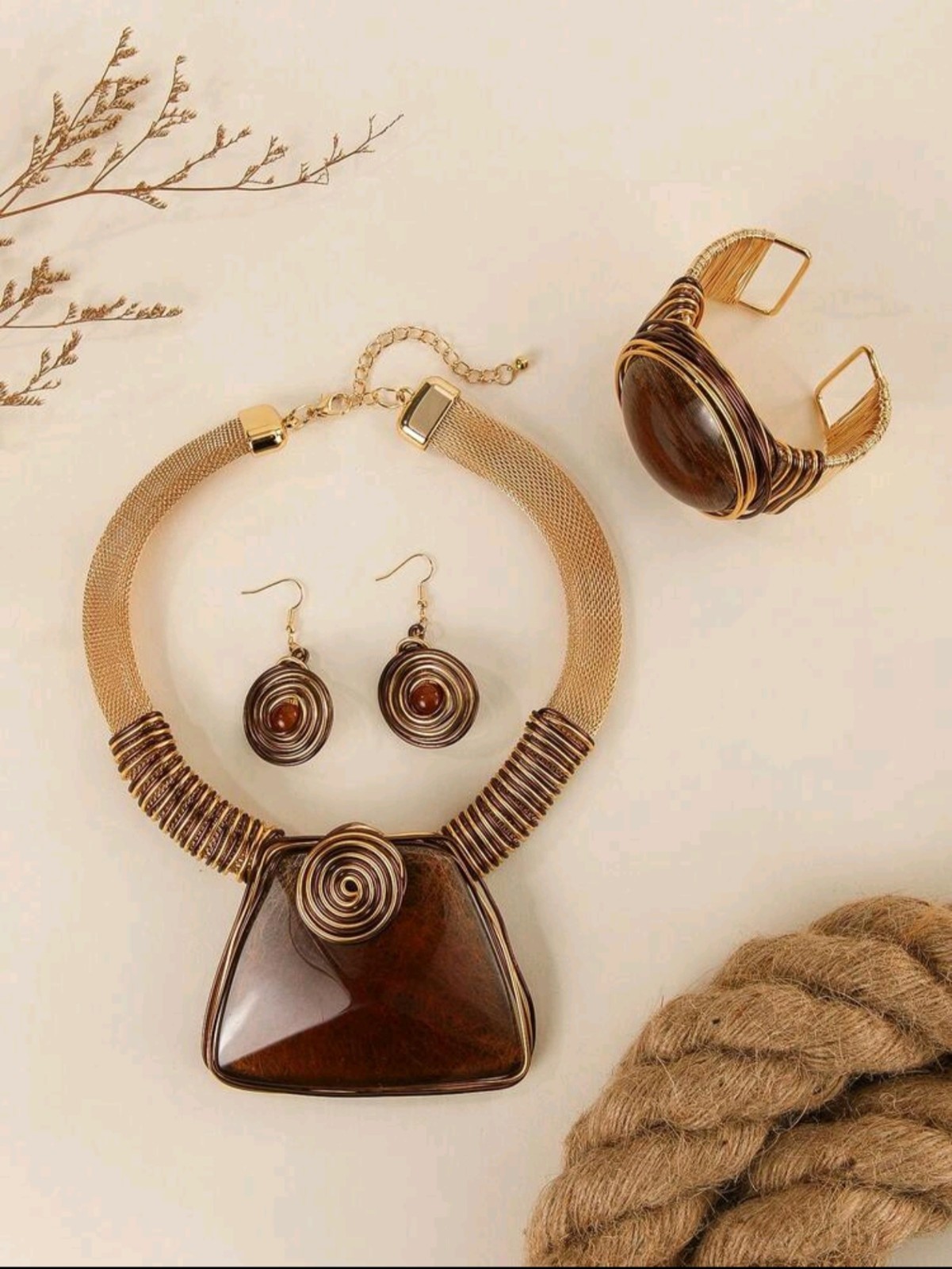Exquisite 3-Piece Statement Jewelry Set Dark Gold Bohemian Chunky Necklace Set