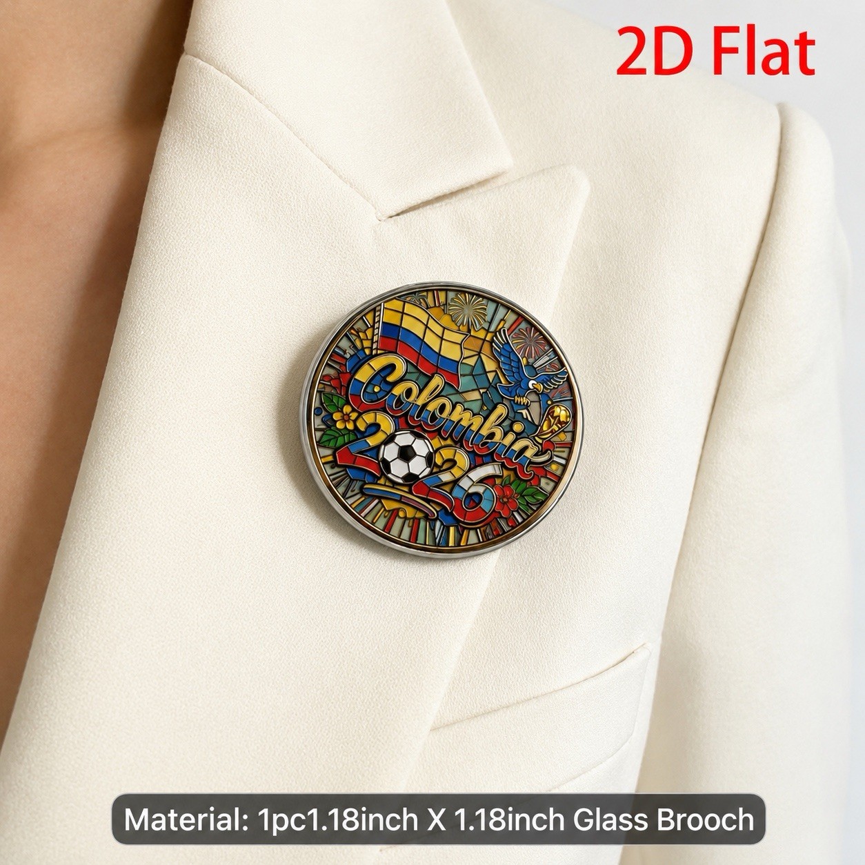 World Cup 2026 Colombia Flag Round Glass Steel Pinback Brooch Multicolor 1.18 in