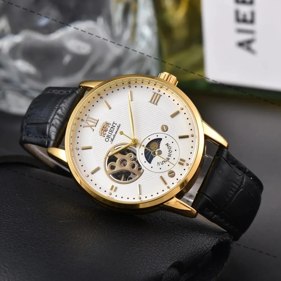 Sun & Moon Semi Skeleton Automatic Watch Men’s Leather Strap Luxury Gift