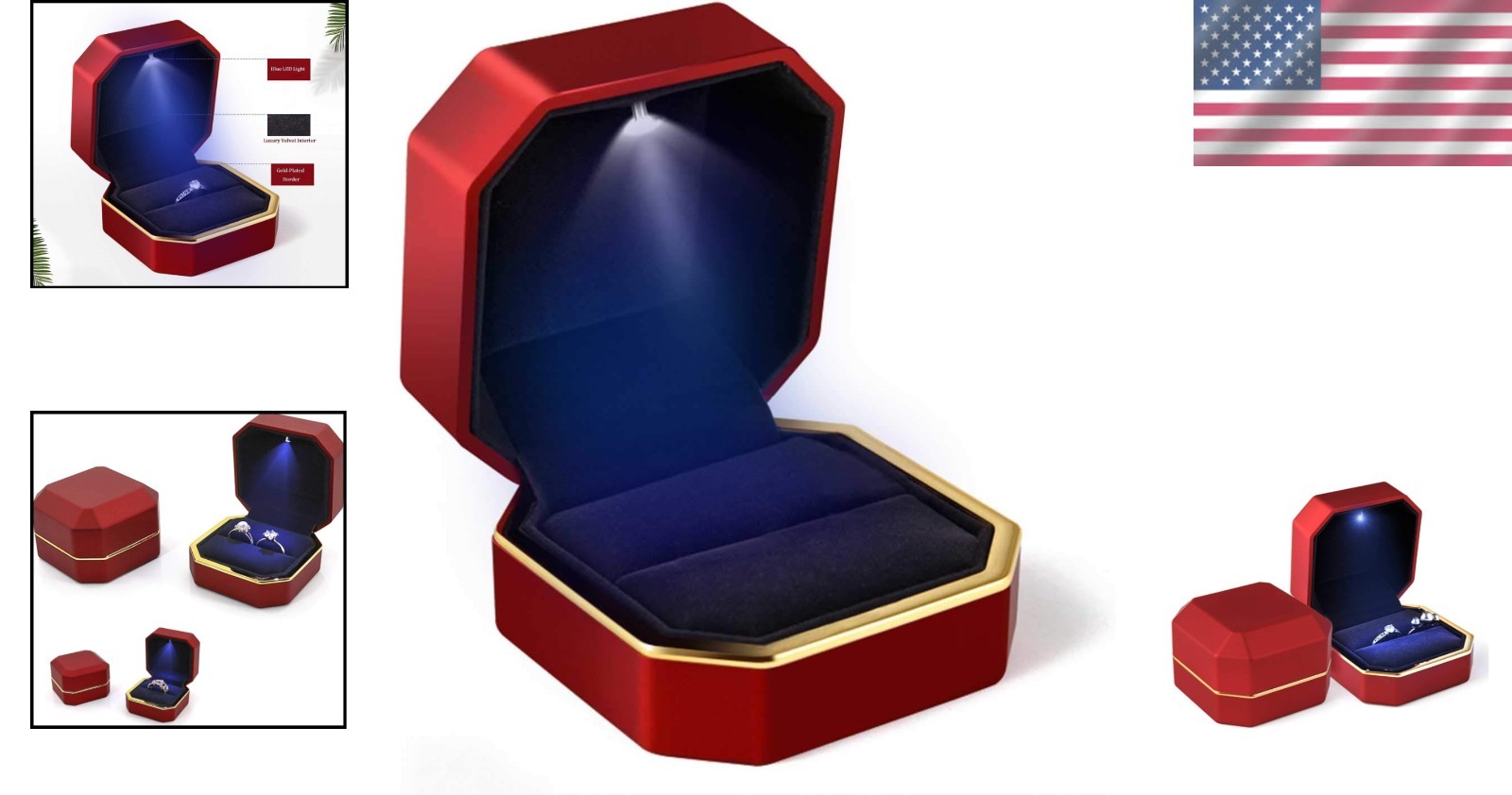 Luxurious Red Velvet Ring Box with LED Light for Engagement & Wedding Ceremonies