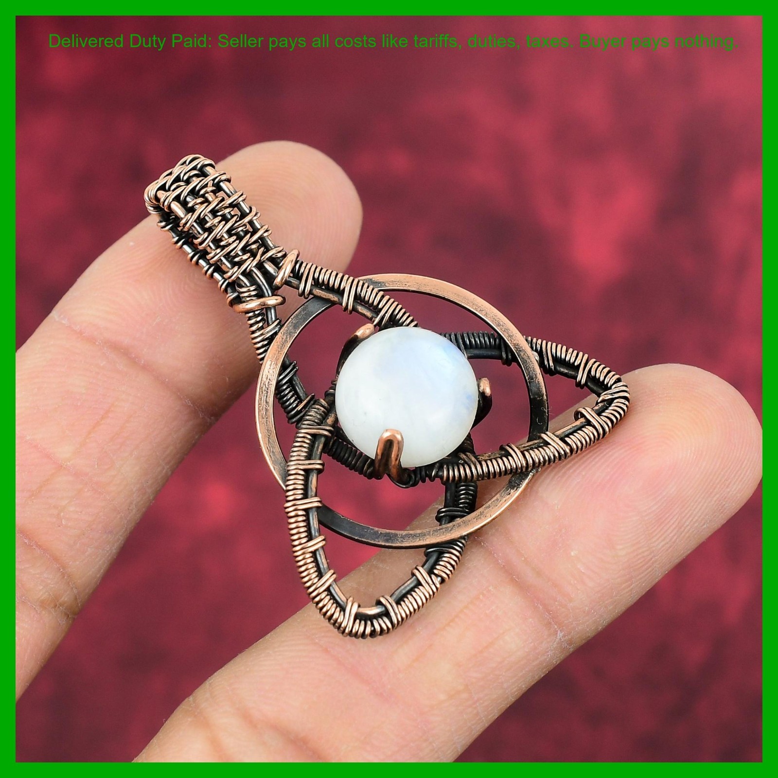 Copper Rainbow Moonstone Gemstone Wire Wrapped Artisan Elegant Wife Gift Pendant