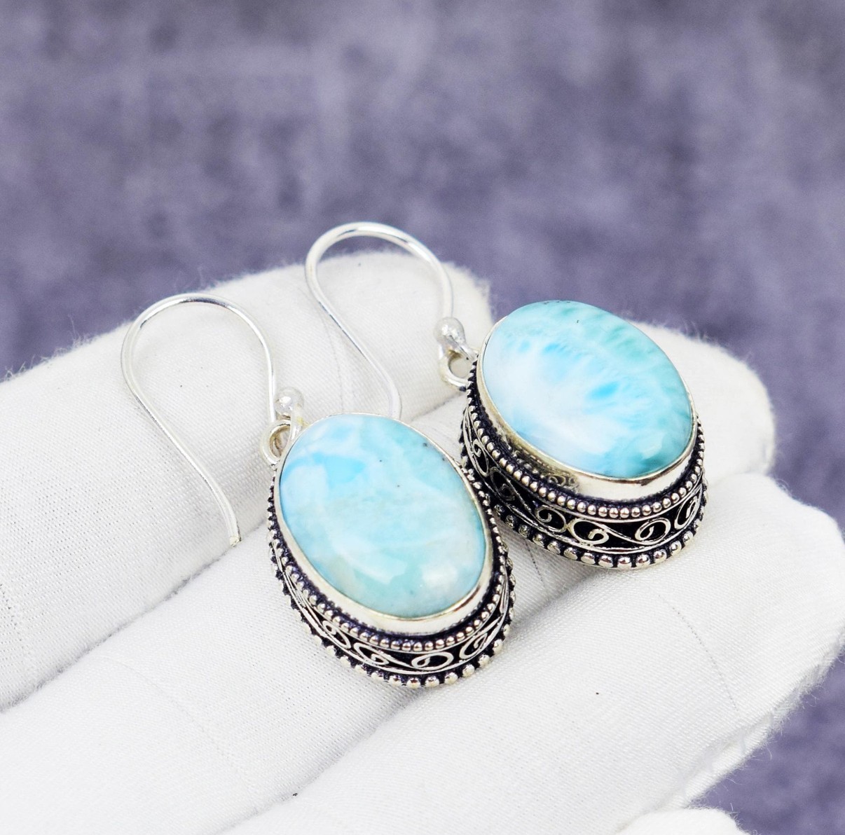 Handmade Oval Caribbean Larimar Earring 925 Sterling Silver Antique Jewelry