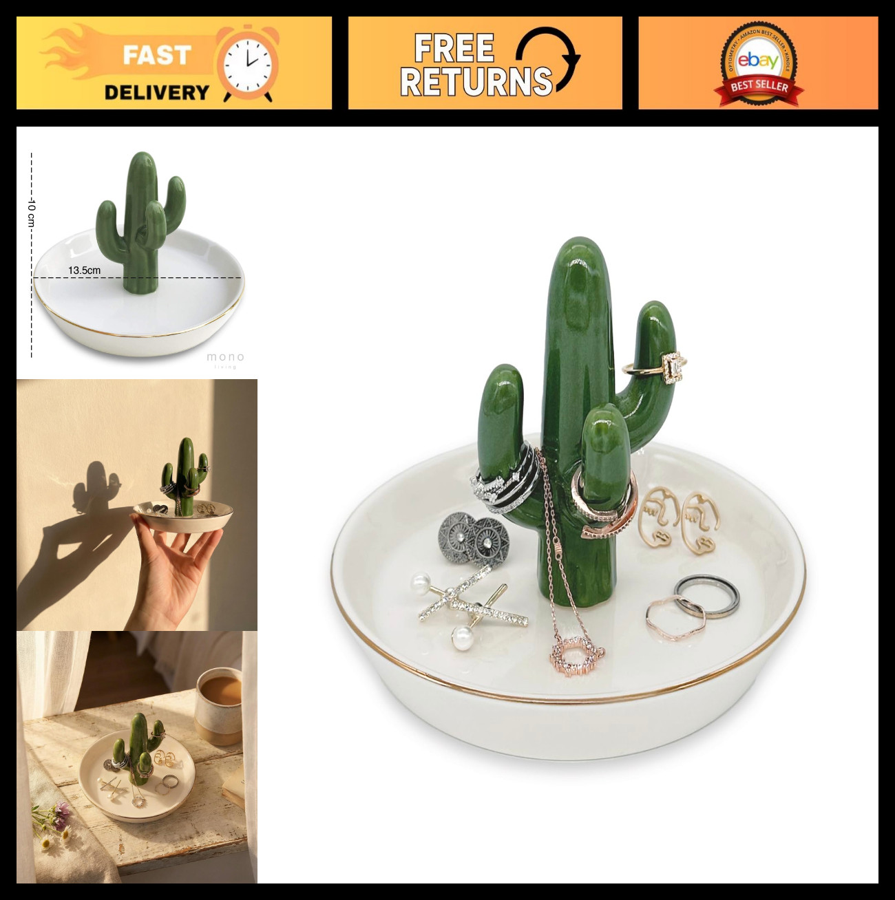 Ceramic Cactus Jewelry Holder & Ring Dish – Succulent Decor for Vanity & Sink, C