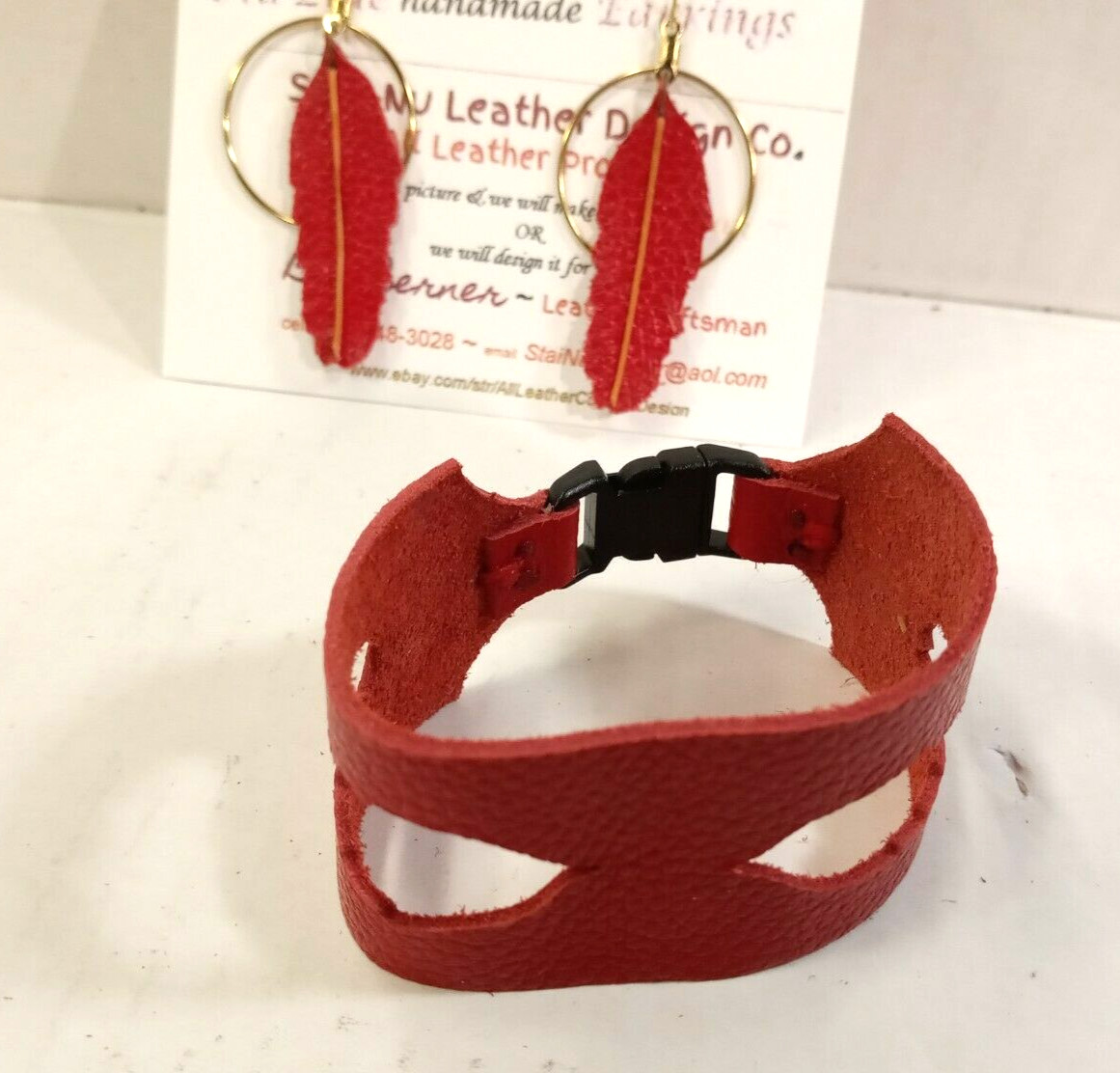 BRACELET& Matching EARRINGS Beautiful soft subtle RED Leather * One of a KIND-[]