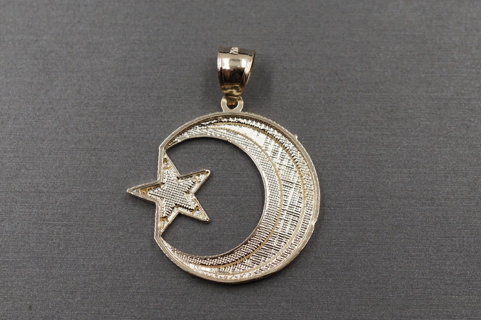 10K Solid Yellow Gold 1.35″ Diamond Cut Two Tone Star and Moon Charm Pendant.