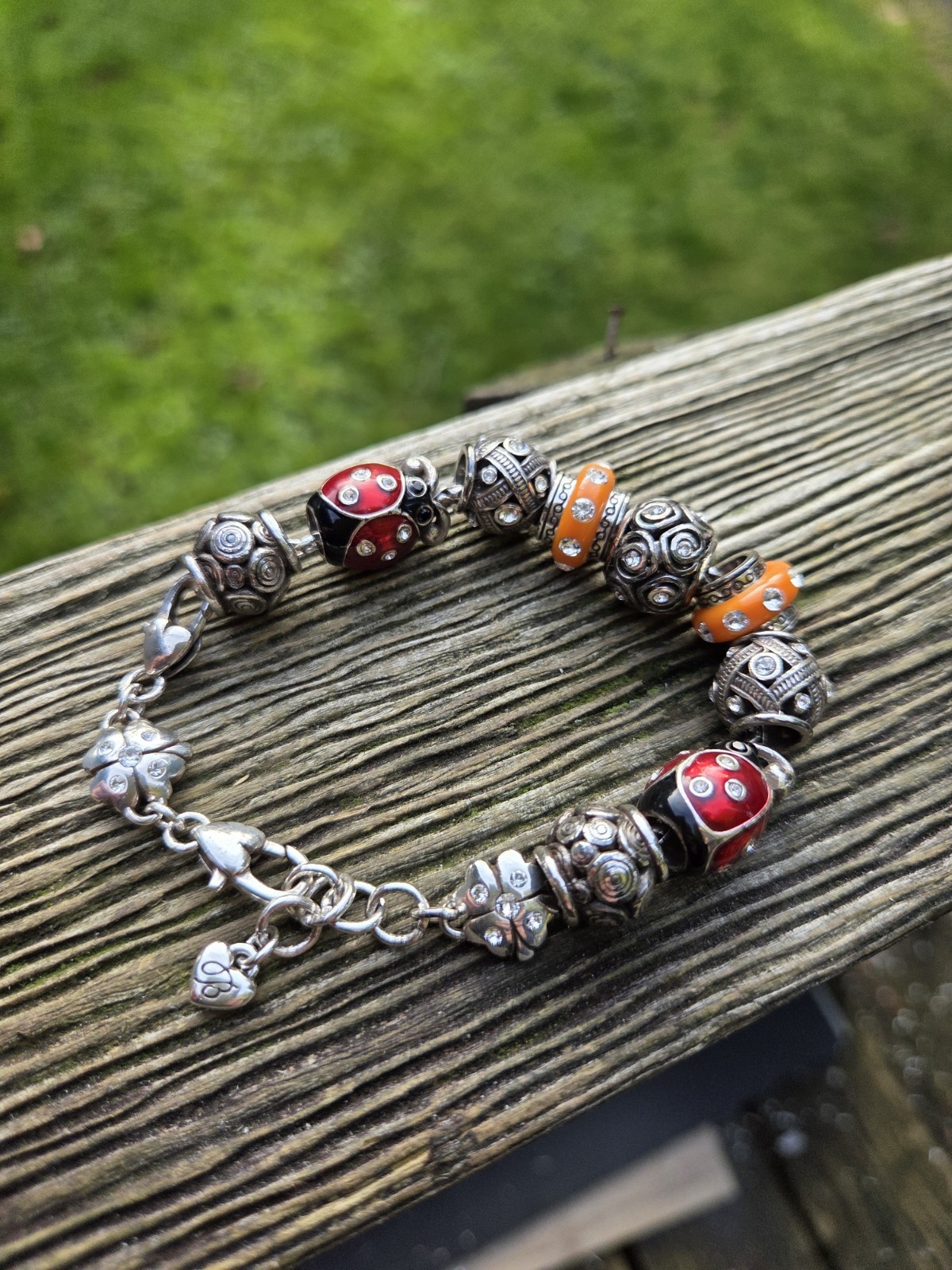 Brighton Ladybug Shamrock Charm Bracelet Bead Silver Tone Heart Clover Rare