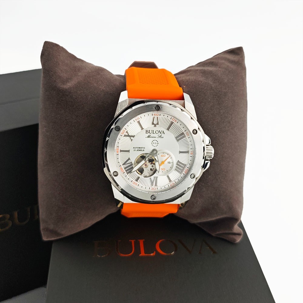 Bulova 98A226 Marine Star Silver Dial Orange Silicon Starp Men’s 45MM Watch NEW