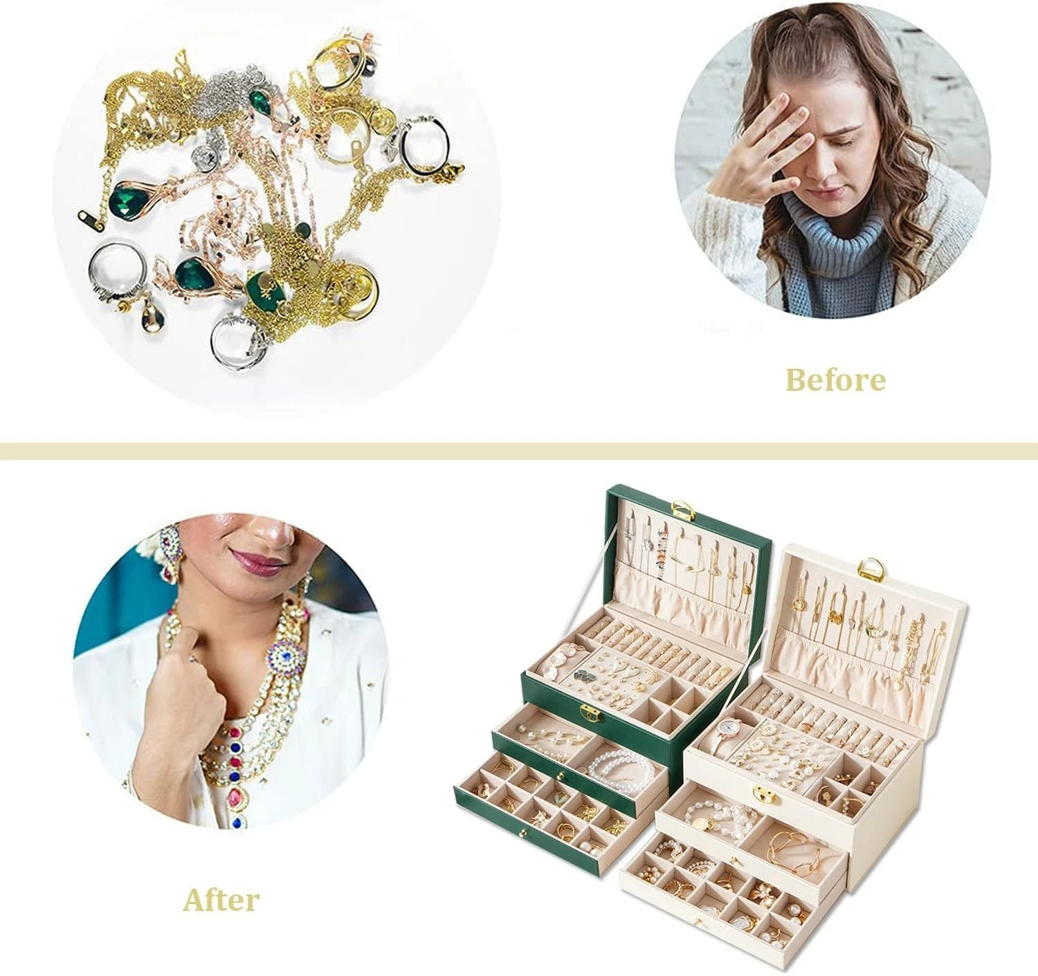 3 Layer Jewelry Box Organizer.Large Capacity Ring Earring Necklace Storage Case