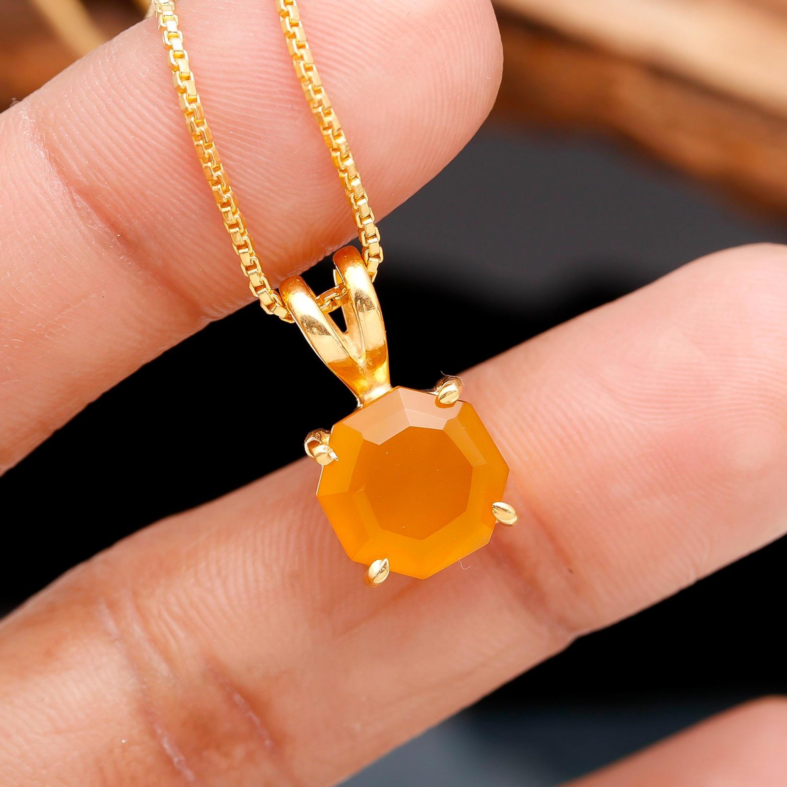 Natural Yellow Chalcedony Octagon Chain Pendant Gold Fill Solid Silver Jewelry