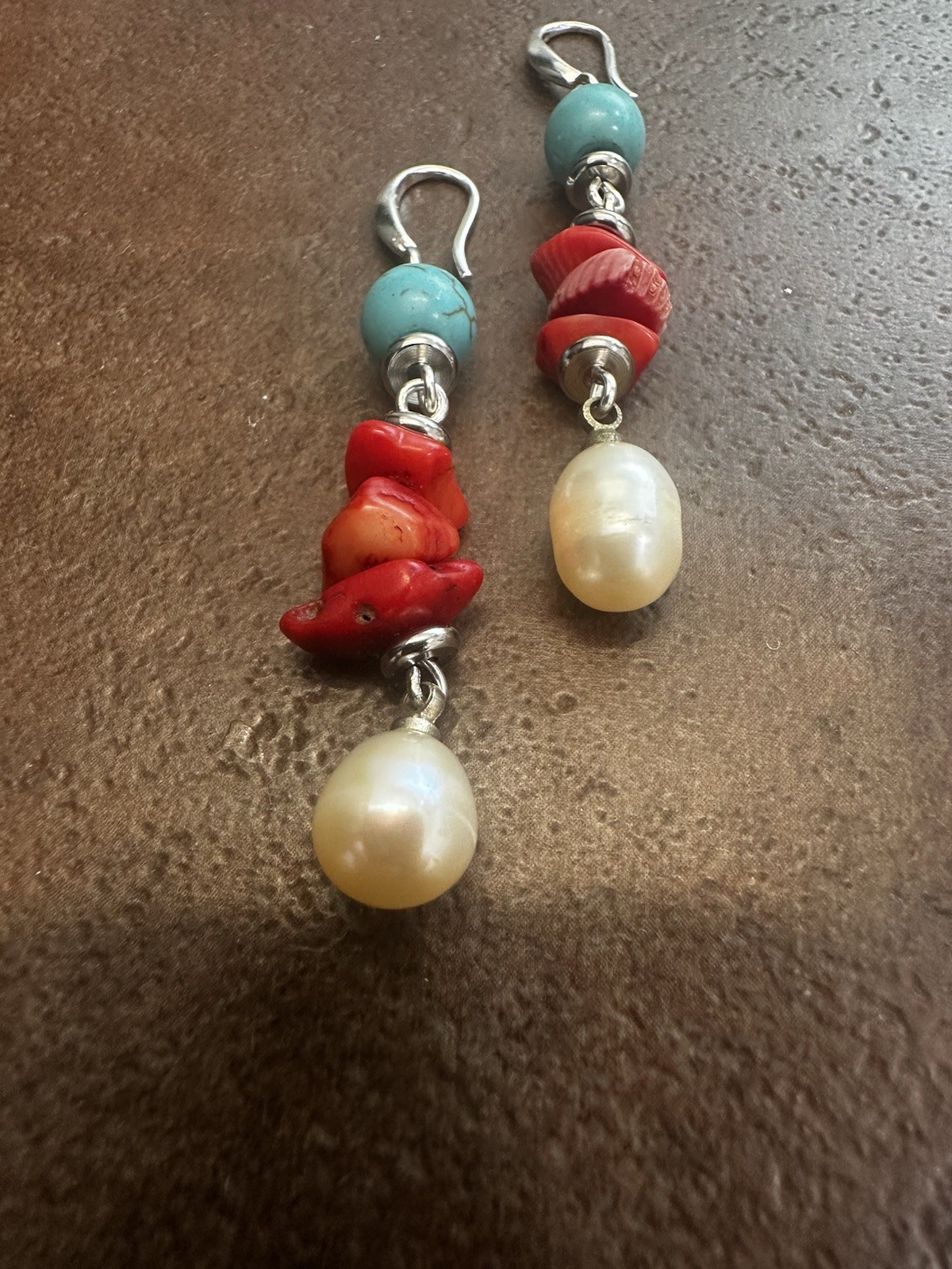 Handmade Turquoise, Red Coral & Pearl Drop Earrings