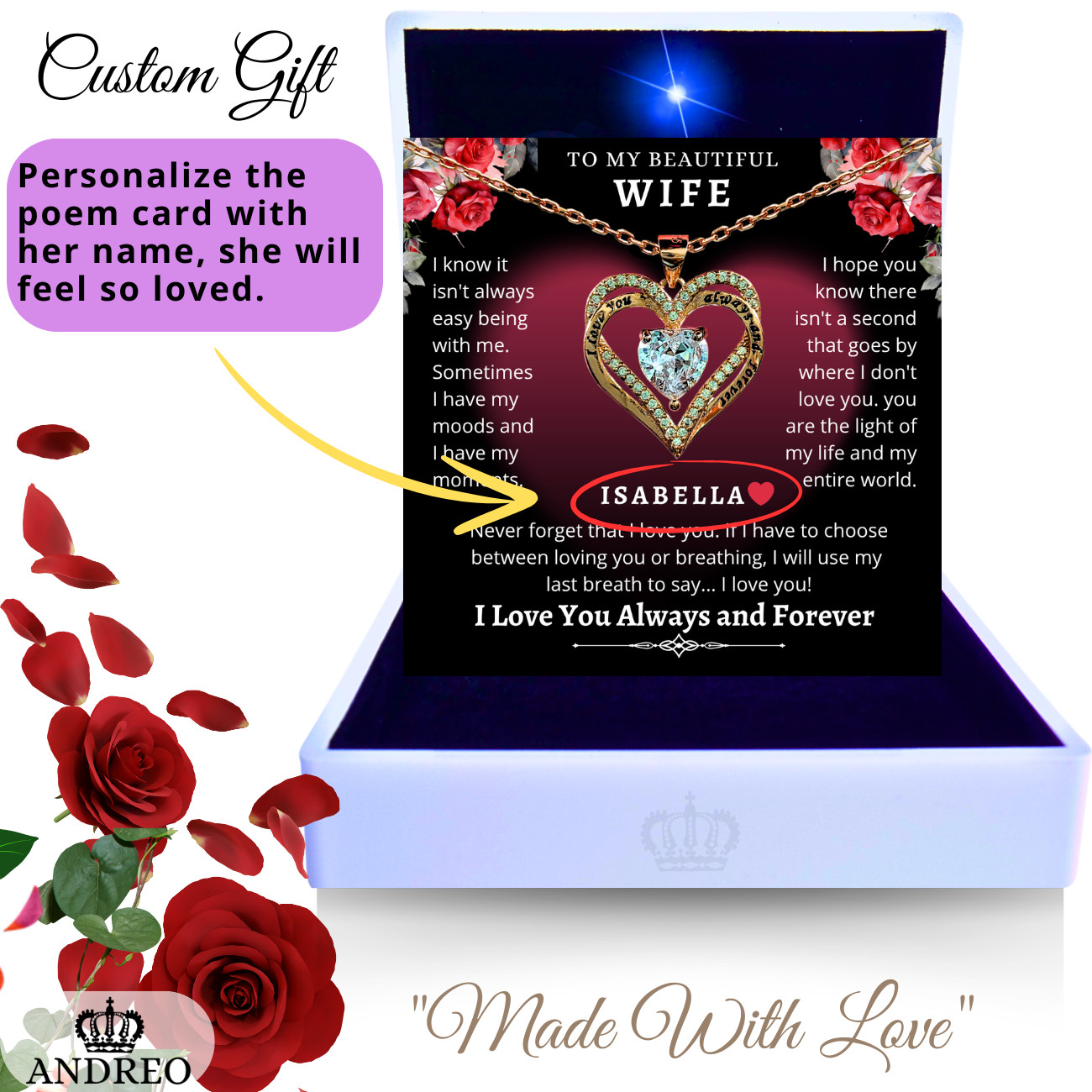 18k Gold Wife CUSTOM Gift Heart Necklace Valentine’s Day Gifts for her