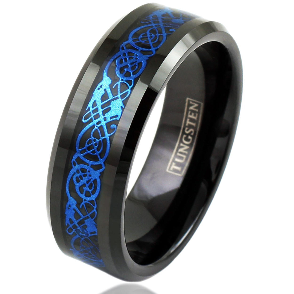 6/8mm Black Tungsten Ring Blue Celtic Dragon Blue Men’s Wedding Band Jewelry