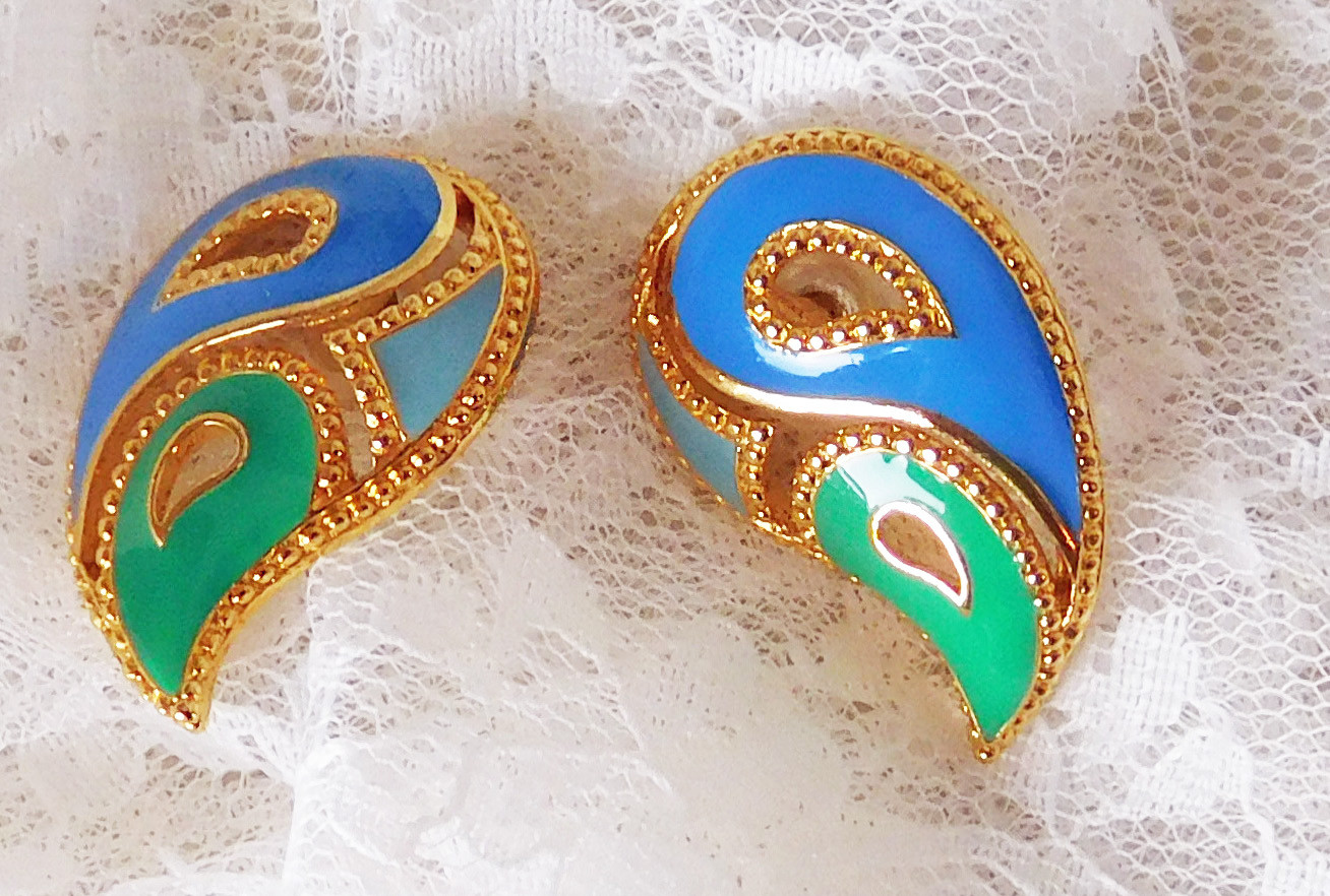 Blue Green Gold Enameled Post Type Pierced Earrings 1 1/2″ x 1″ Classic