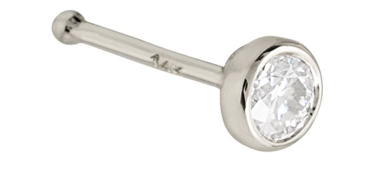 Solid 14kt White / Yellow Gold 22G Nose Bone Stud with Bezel Set Moissanite