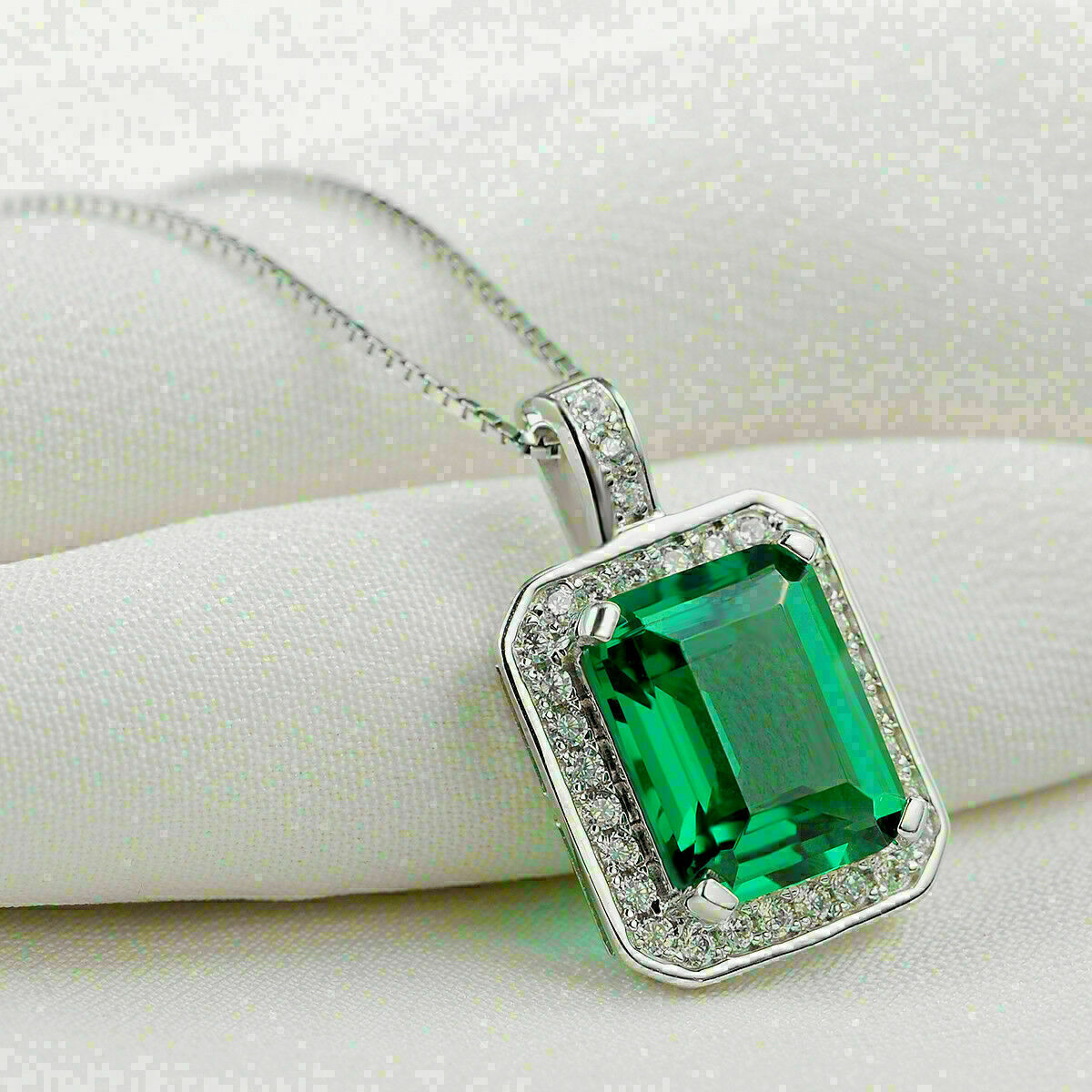 2.50Ct Emerald Cut Green Emerald Pendant 14K White Gold Finish 18″ Free Chain