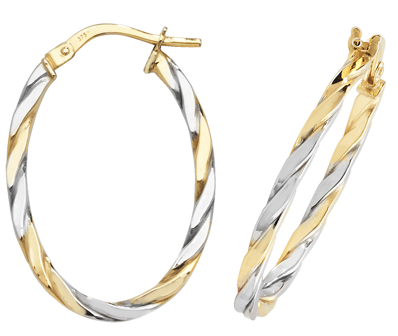 9CT YELLOW & WHITE GOLD OVAL HOOP EARRINGS – TWO TONE GOLD