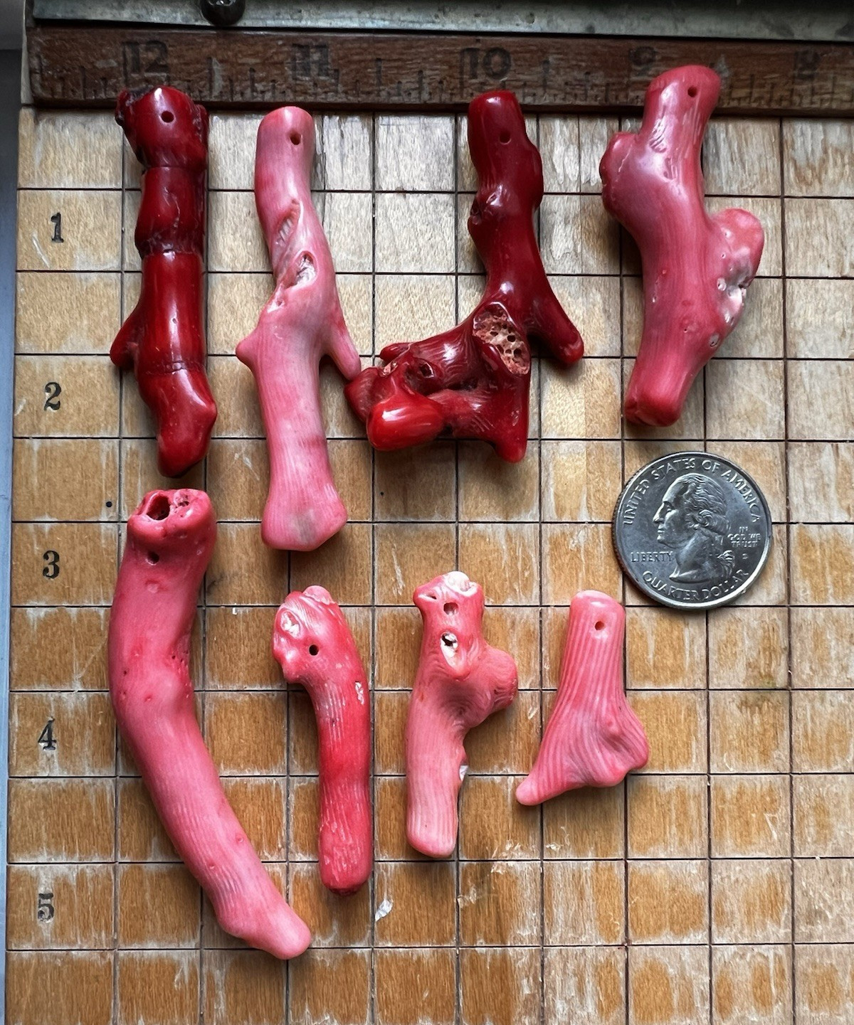 8 Pc Dyed Red and Pink Bamboo Coral Branch Pendant Beads Smooth Polished.