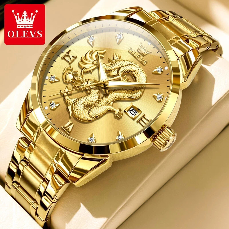 OLEVS Gold Dragon Men’s Quartz Watch Luminous Waterproof Date Wristwatch