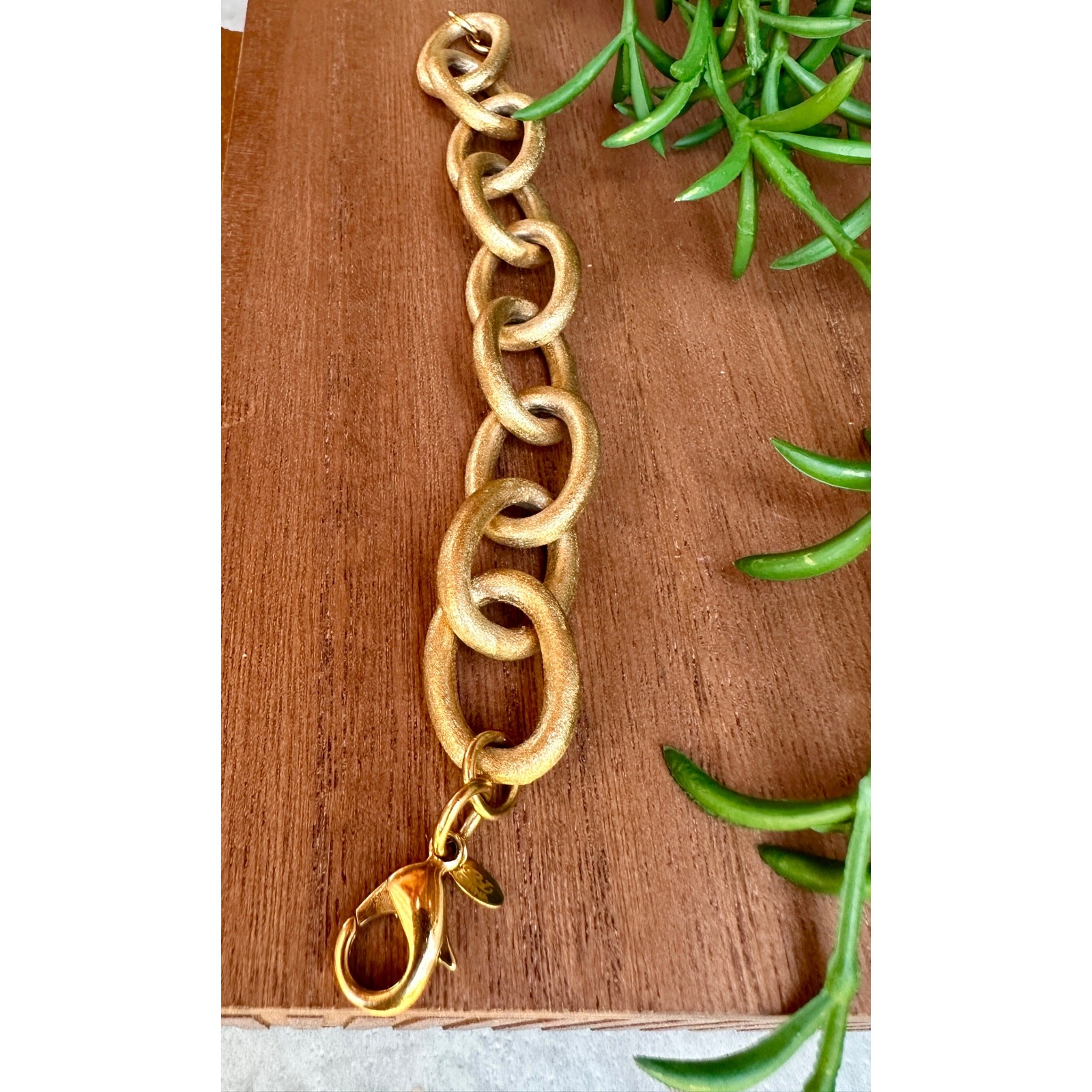 Chunky Matte Gold Tone Link Bracelet | Textured Satin Finish | Signed RL China