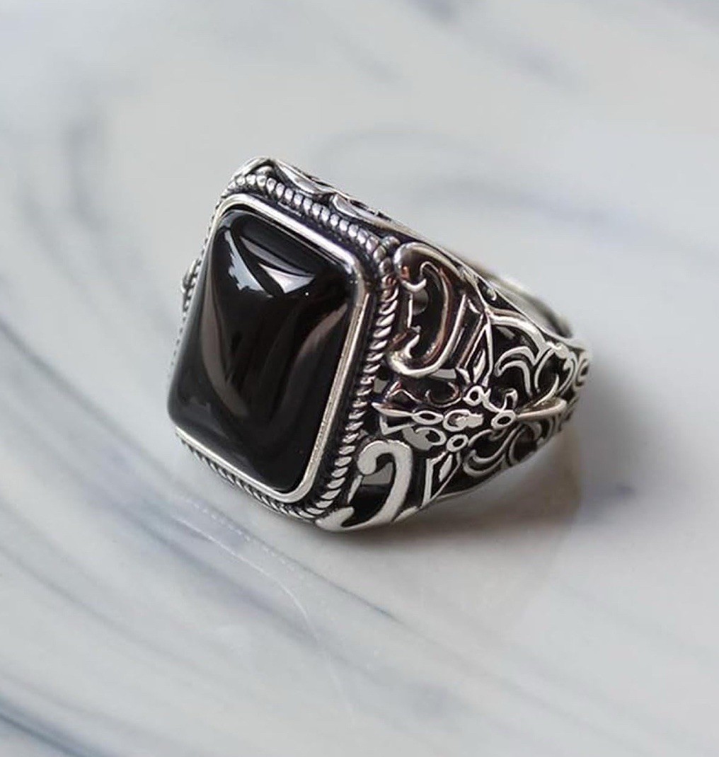 Vintage Punk Light Luxury Silver Black Agate Onyx Square Adjustable Opening Ring