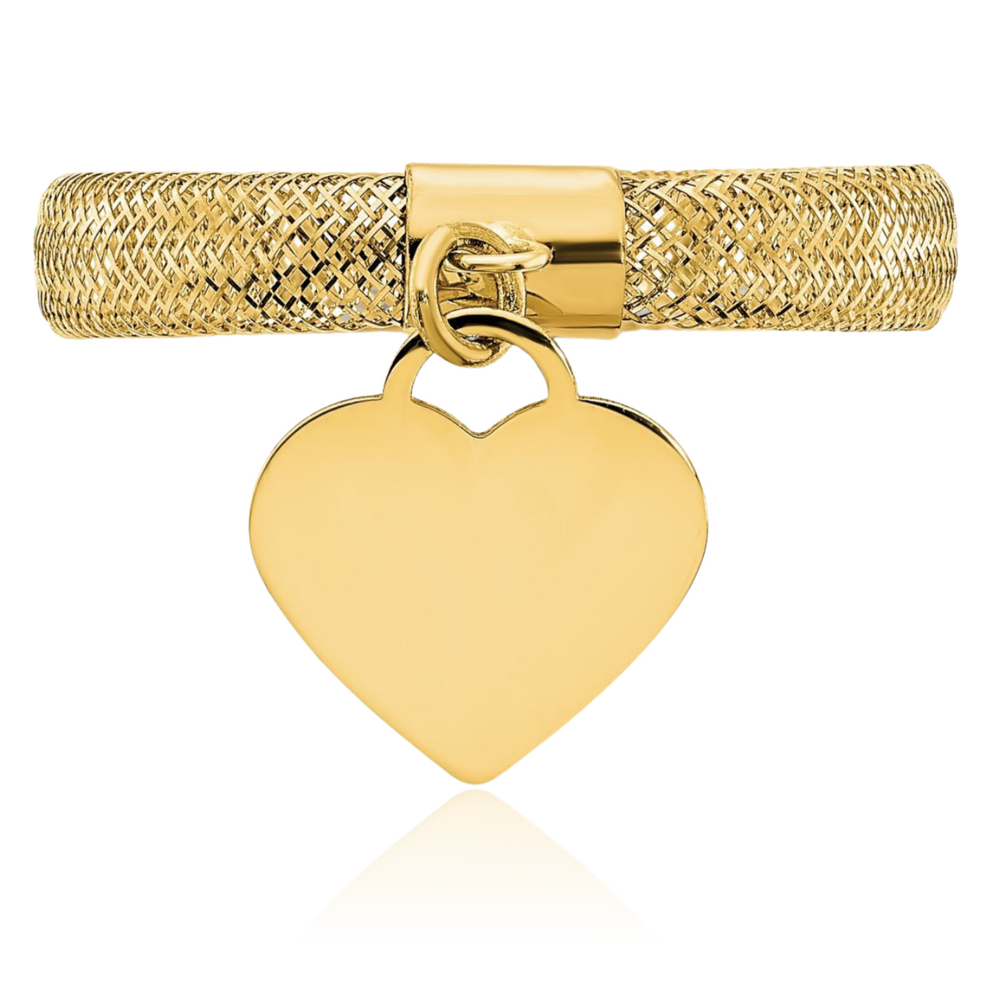 14K Solid Yellow Gold Woven Mesh Stretch Heart Charm Crisscross Band Twisted …