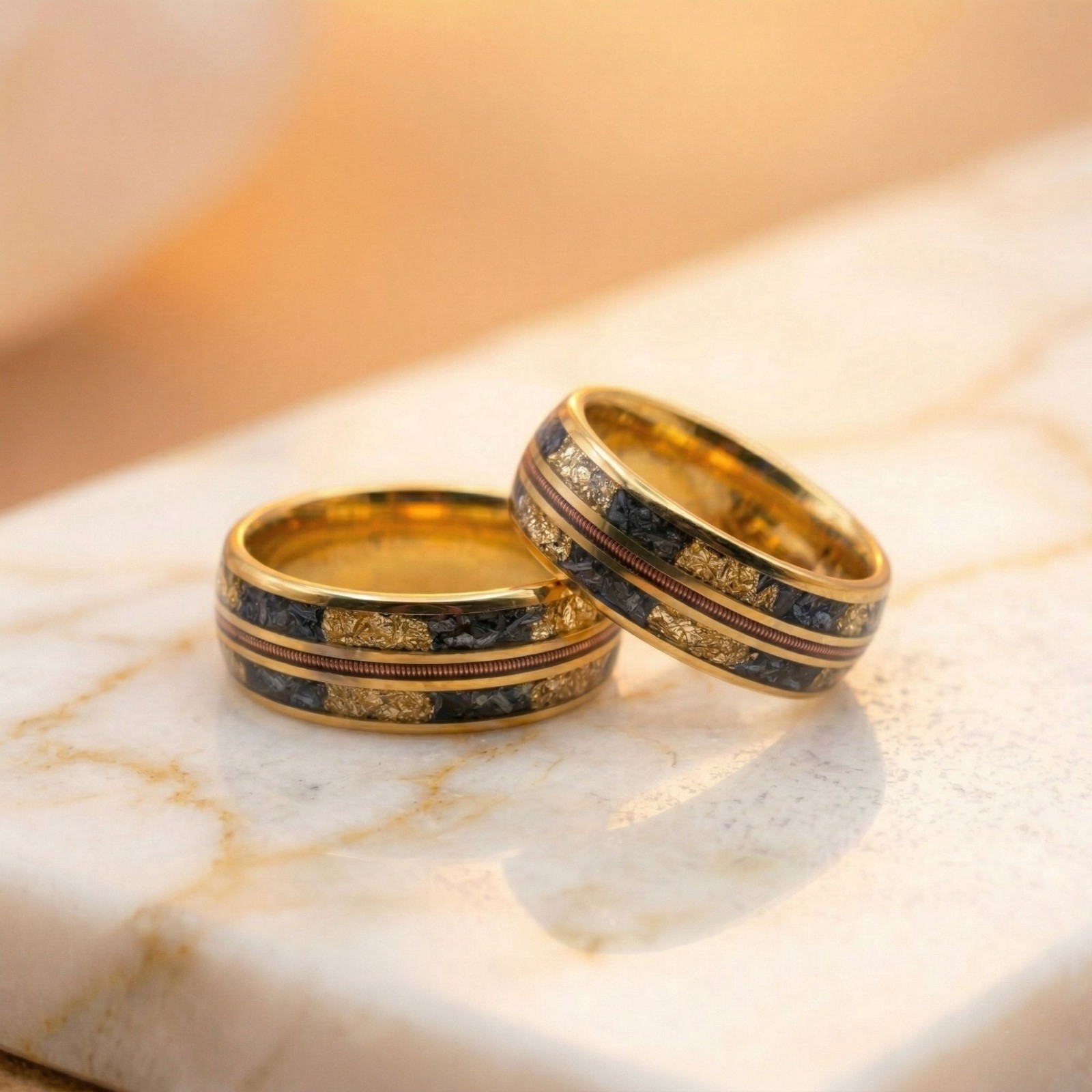 Meteorite Gold Leaf Tungsten Wedding Band – Men’s Yellow Gold Guitar String Ring