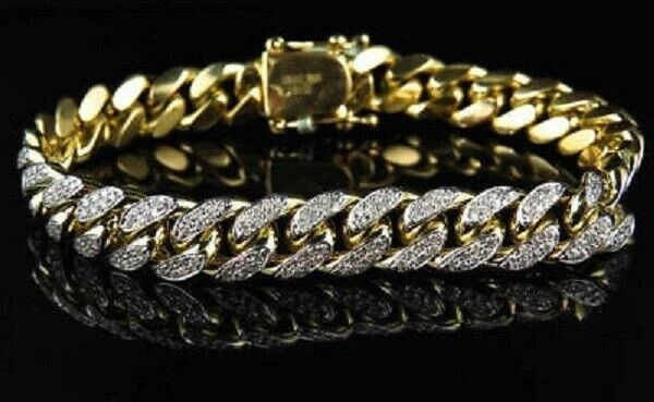 10Ct Round Cut Diamond Miami Curb Cuban Link Men’s Bracelet 14K Yellow Gold Over