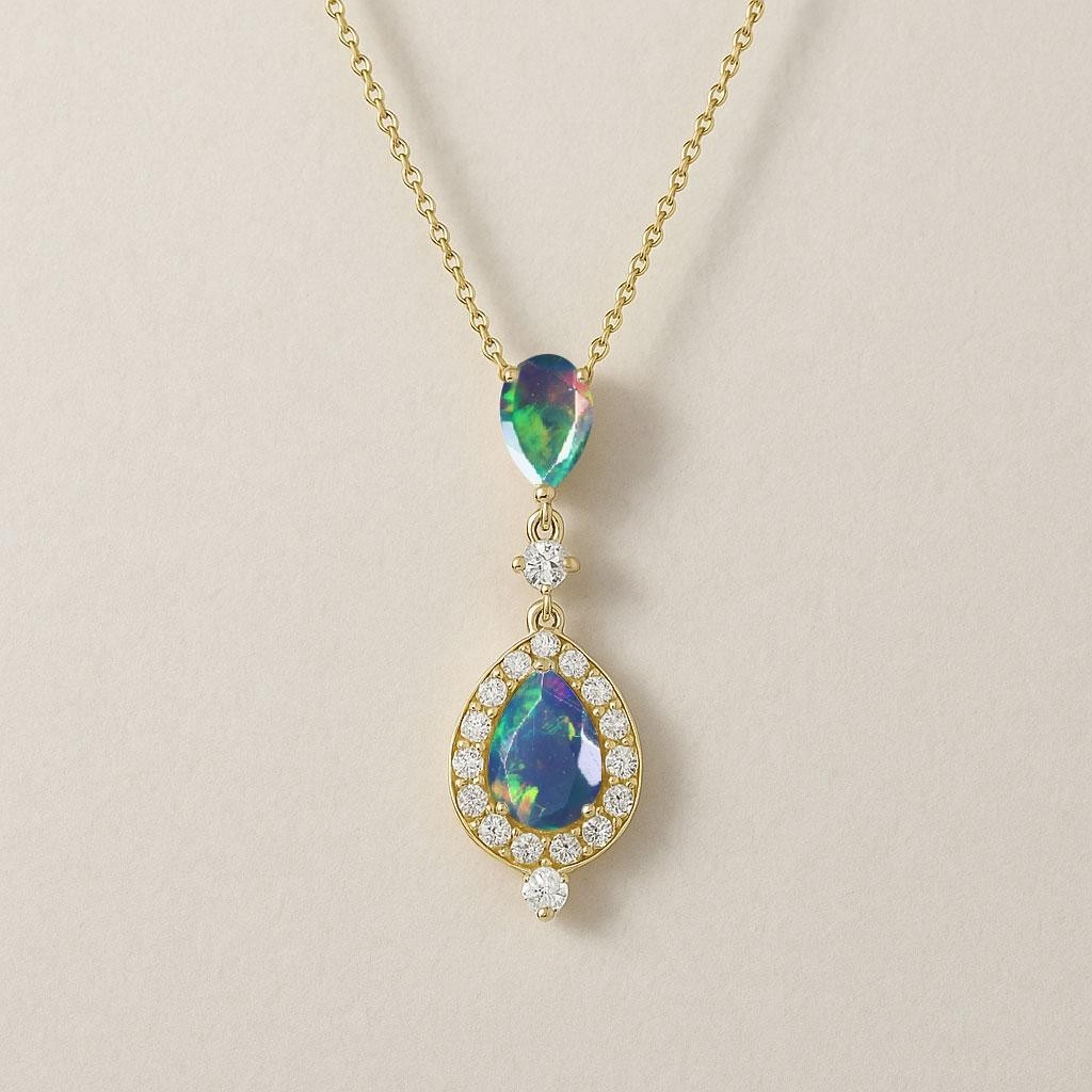 AAA Black Opal Gemstone Long Charm Pendant, Genuine Opal Chain Pendant Necklace
