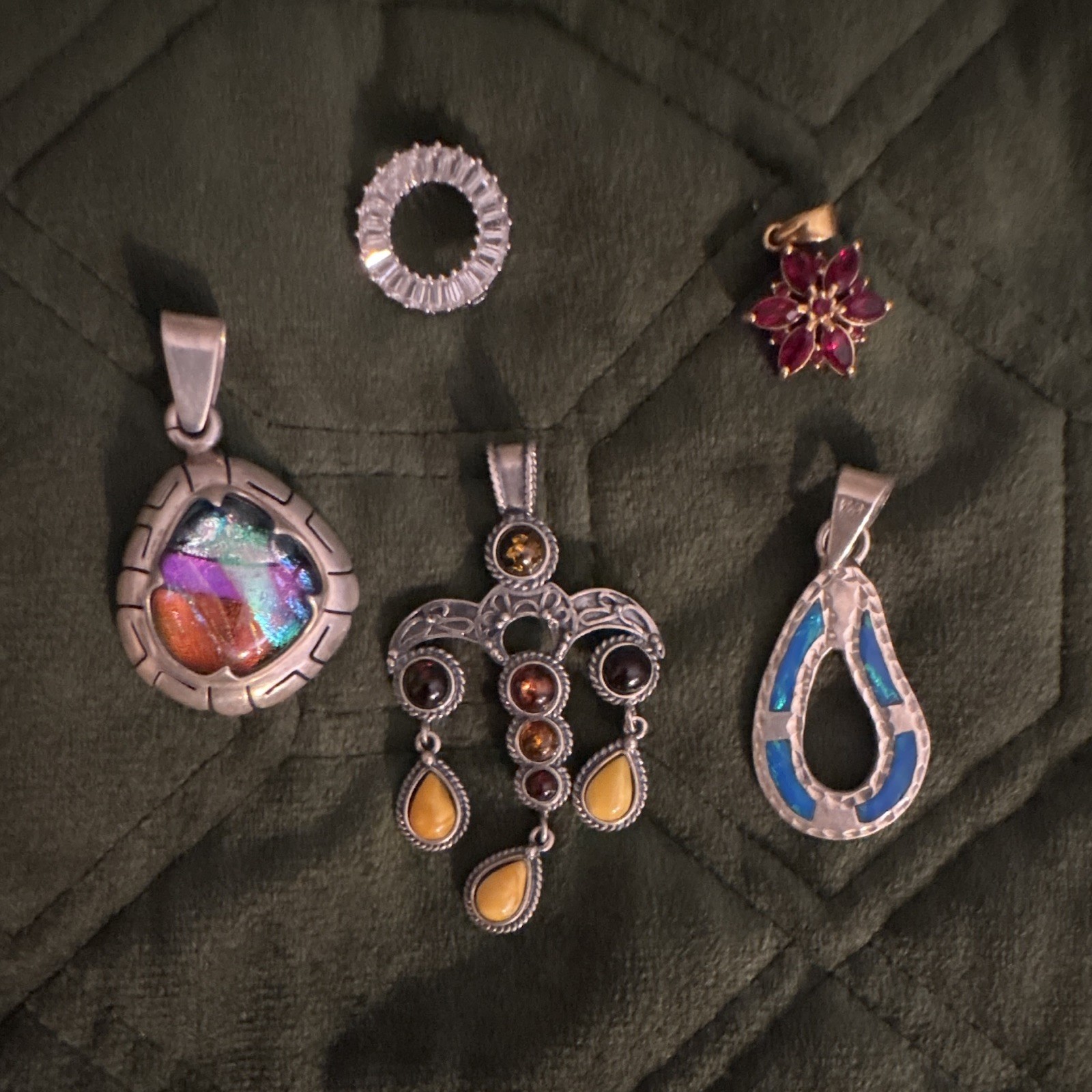 5 Mixed Pendants Silver gold toned colored stones CZ & Floral Designs